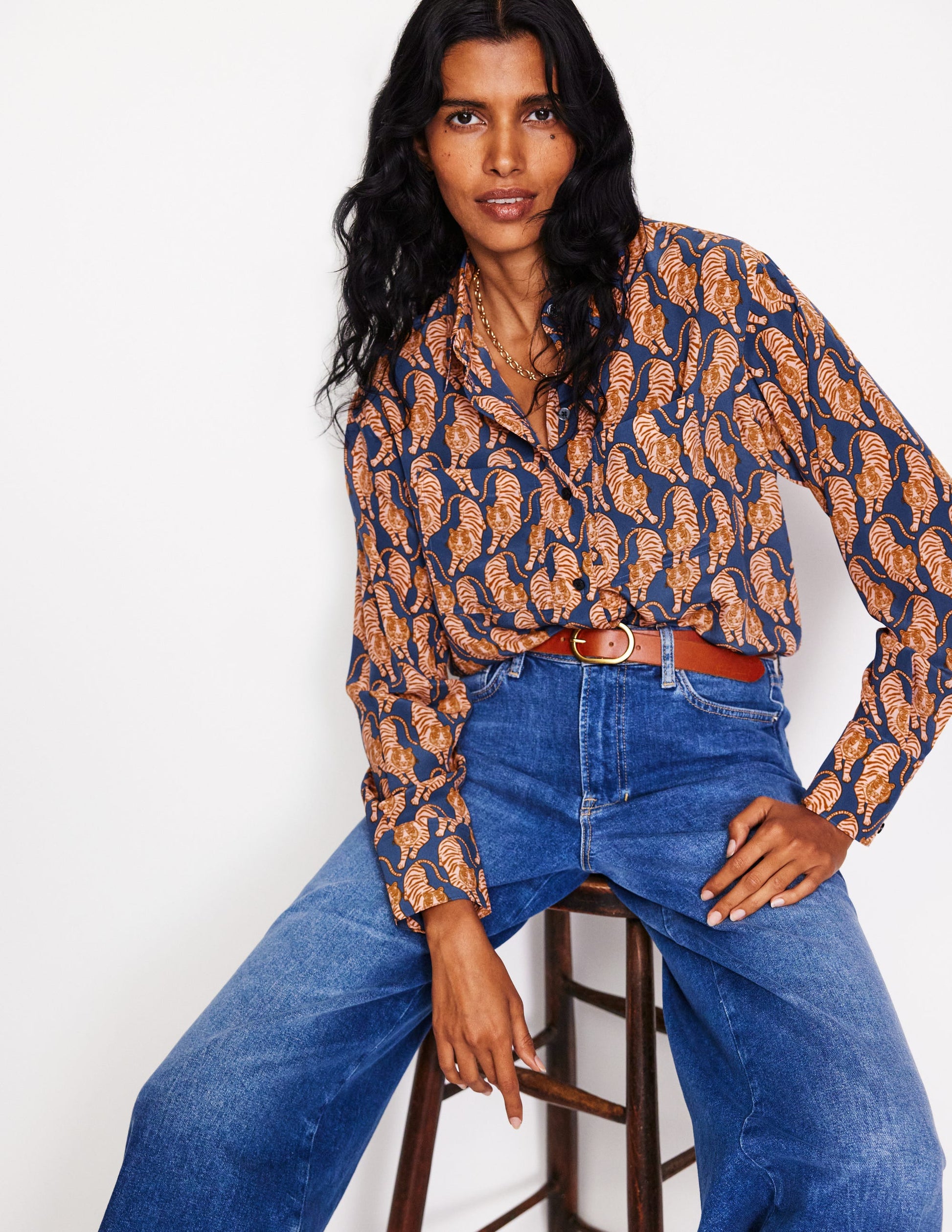 Connie Relaxed Silk Shirt-Denim Blue, Tiger-1