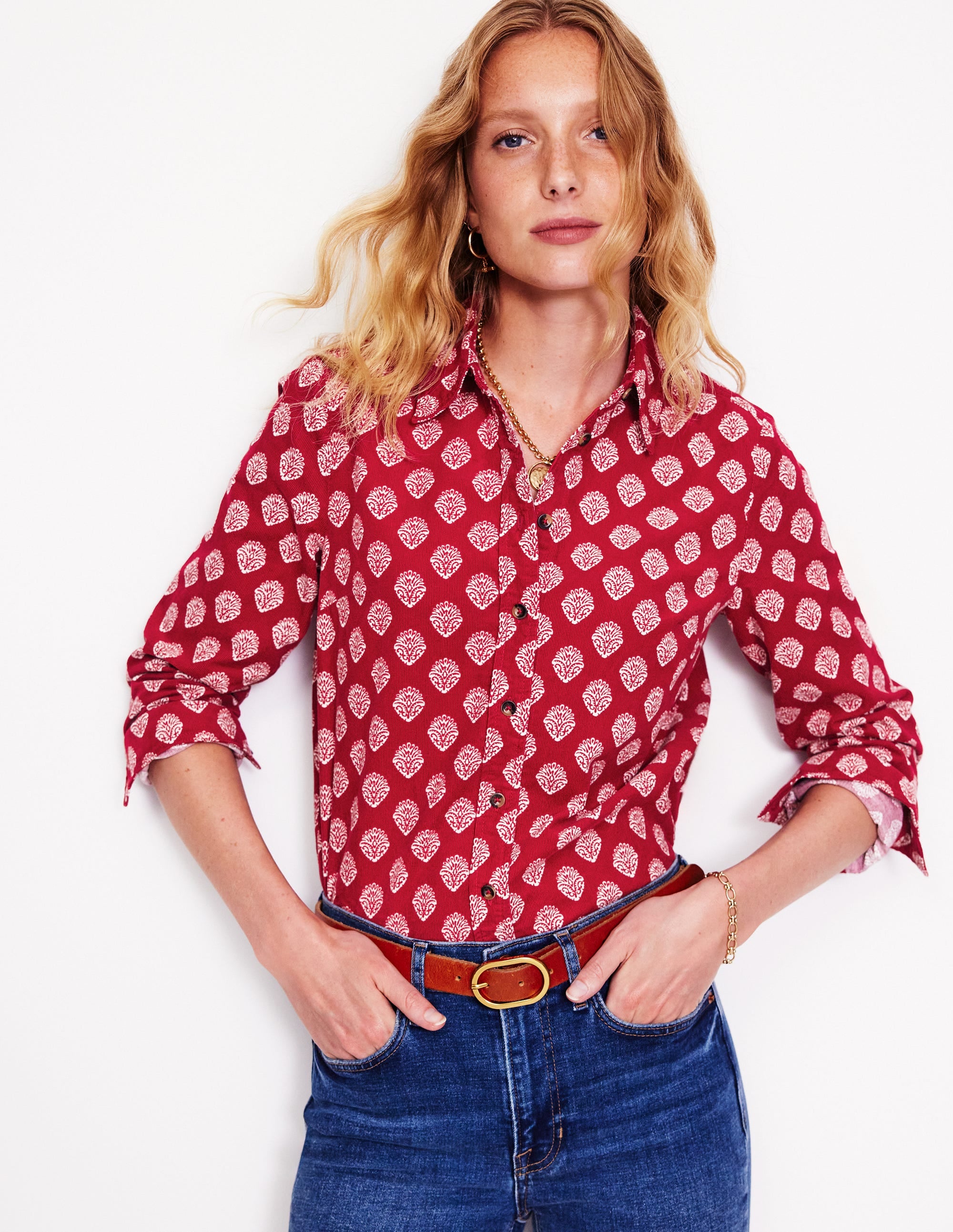 Sienna Cord Shirt-Rythmic Red, Ornate Stamp - Image 1