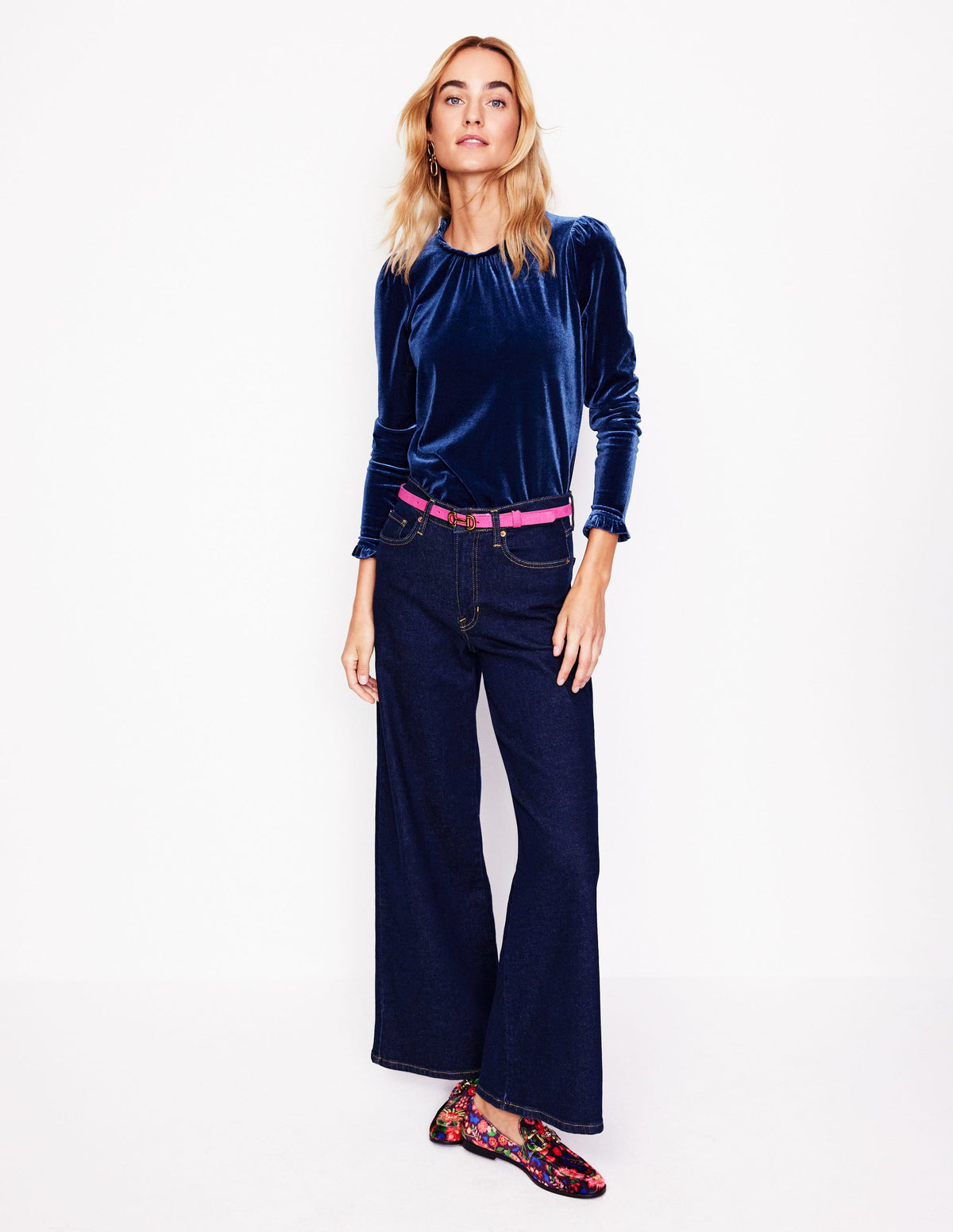 Velvet Frill Neck Top-Harbourside Blue - Image 4