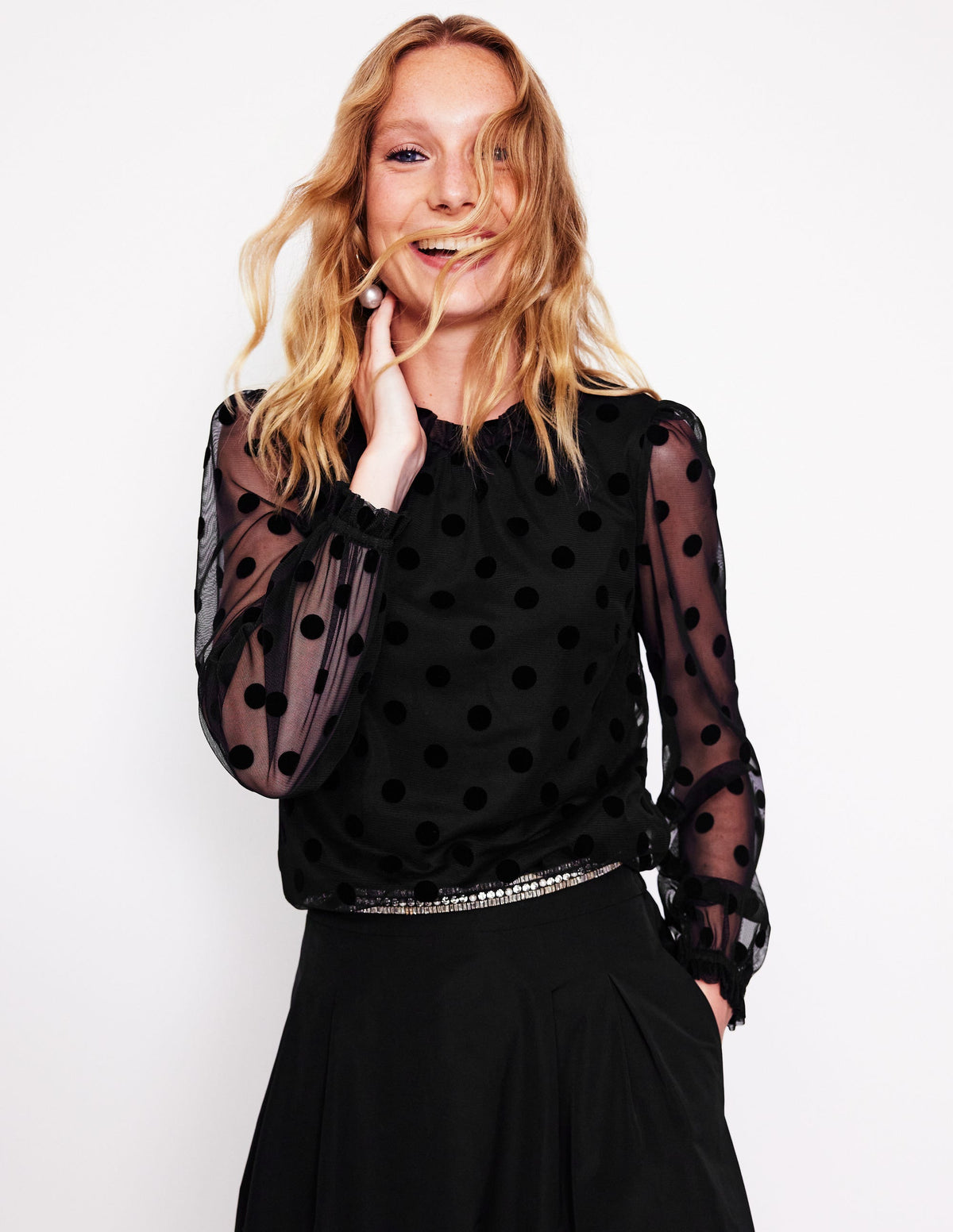 Tulle Blouson Sleeve Top-Black-4
