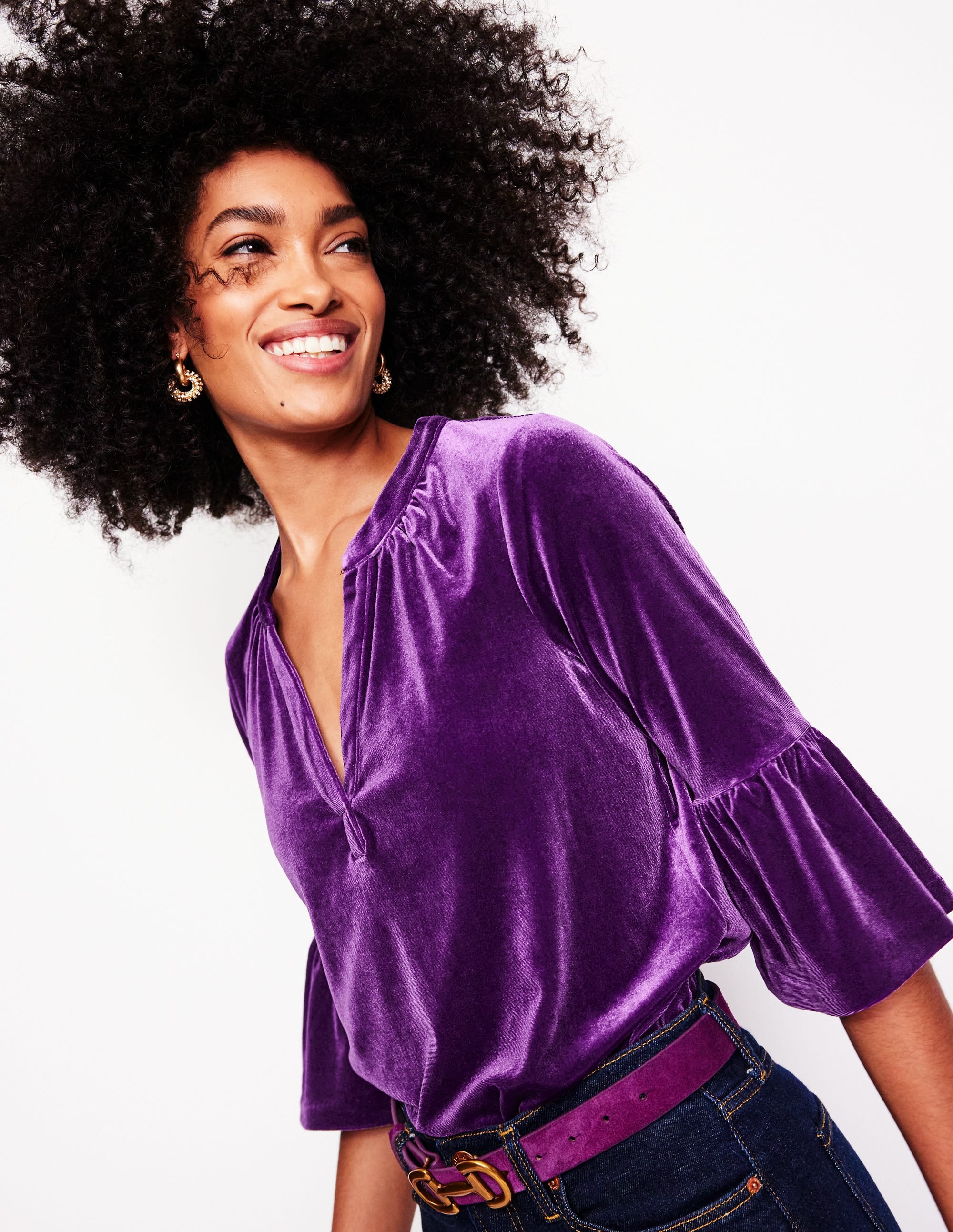 Notch Neck Frill Velvet Top-Viola - Image 1