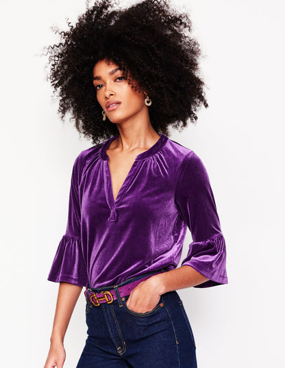 Notch Neck Frill Velvet Top-Viola-2