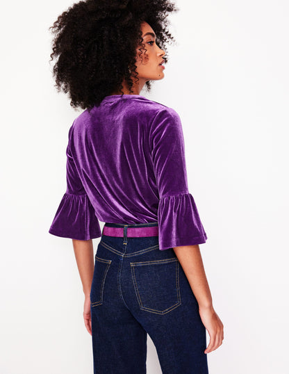 Notch Neck Frill Velvet Top-Viola-3