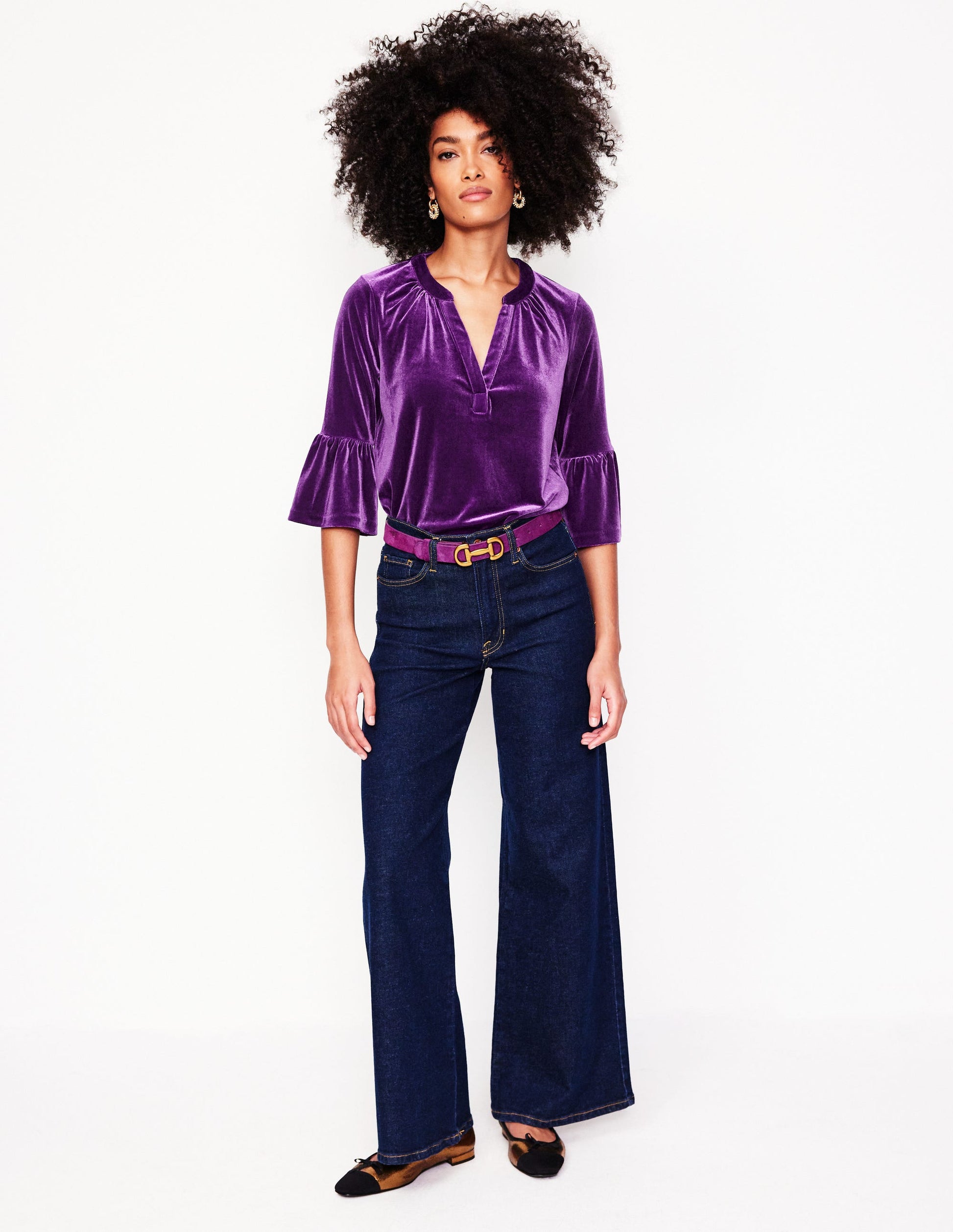Notch Neck Frill Velvet Top-Viola-4