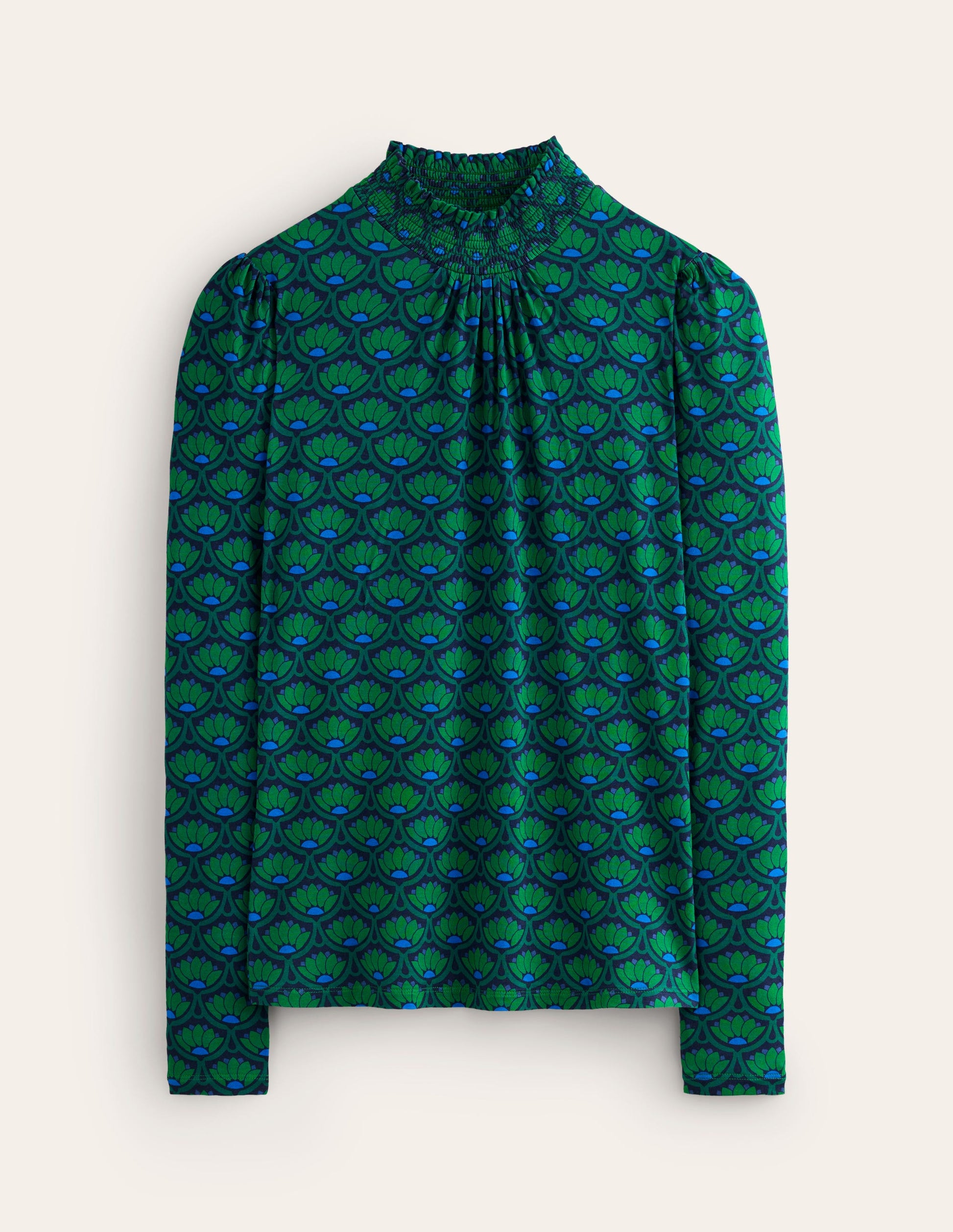 Smocked Neck Printed Top-Rich Emerald, Lotus Stamp-5