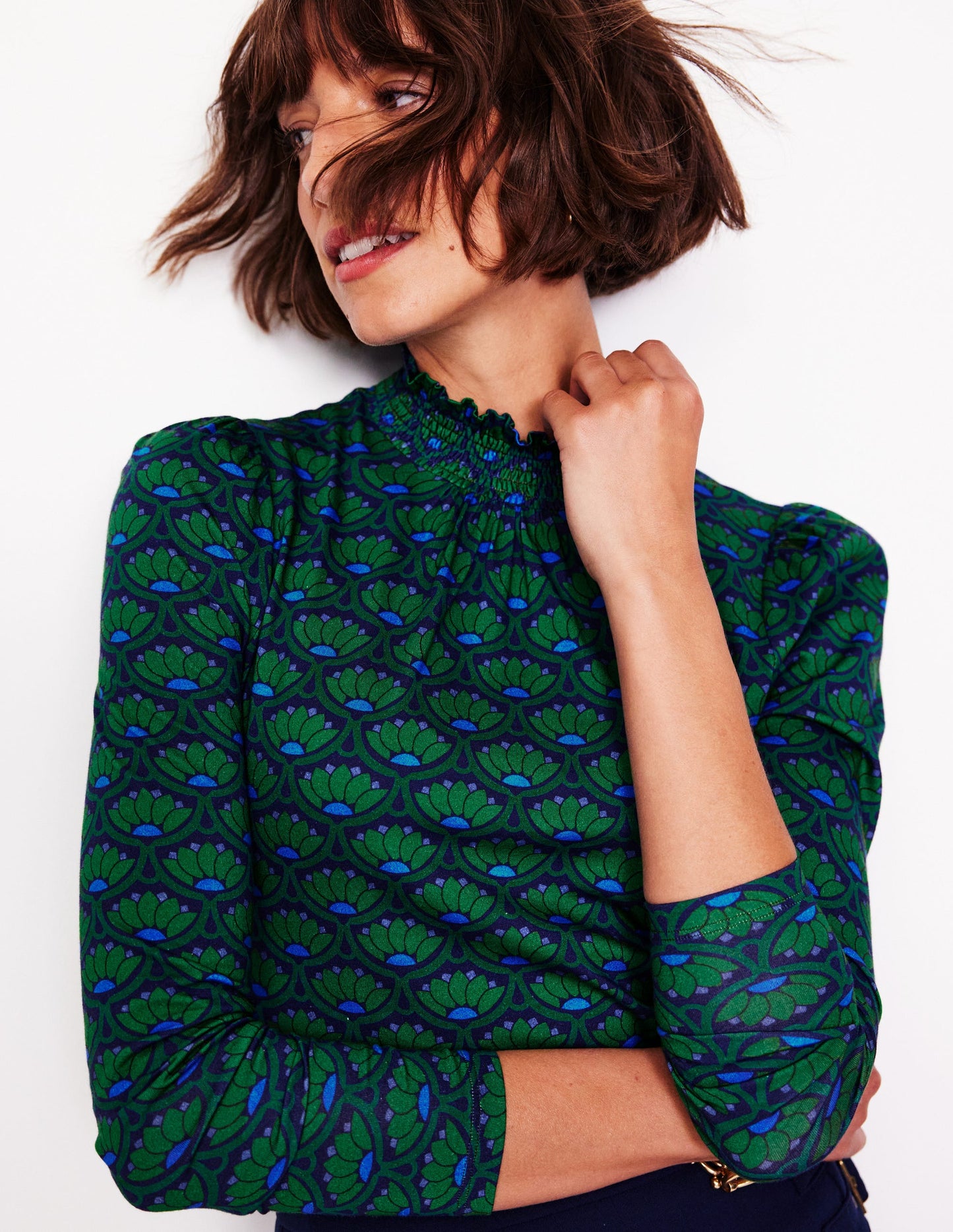 Smocked Neck Printed Top-Rich Emerald, Lotus Stamp