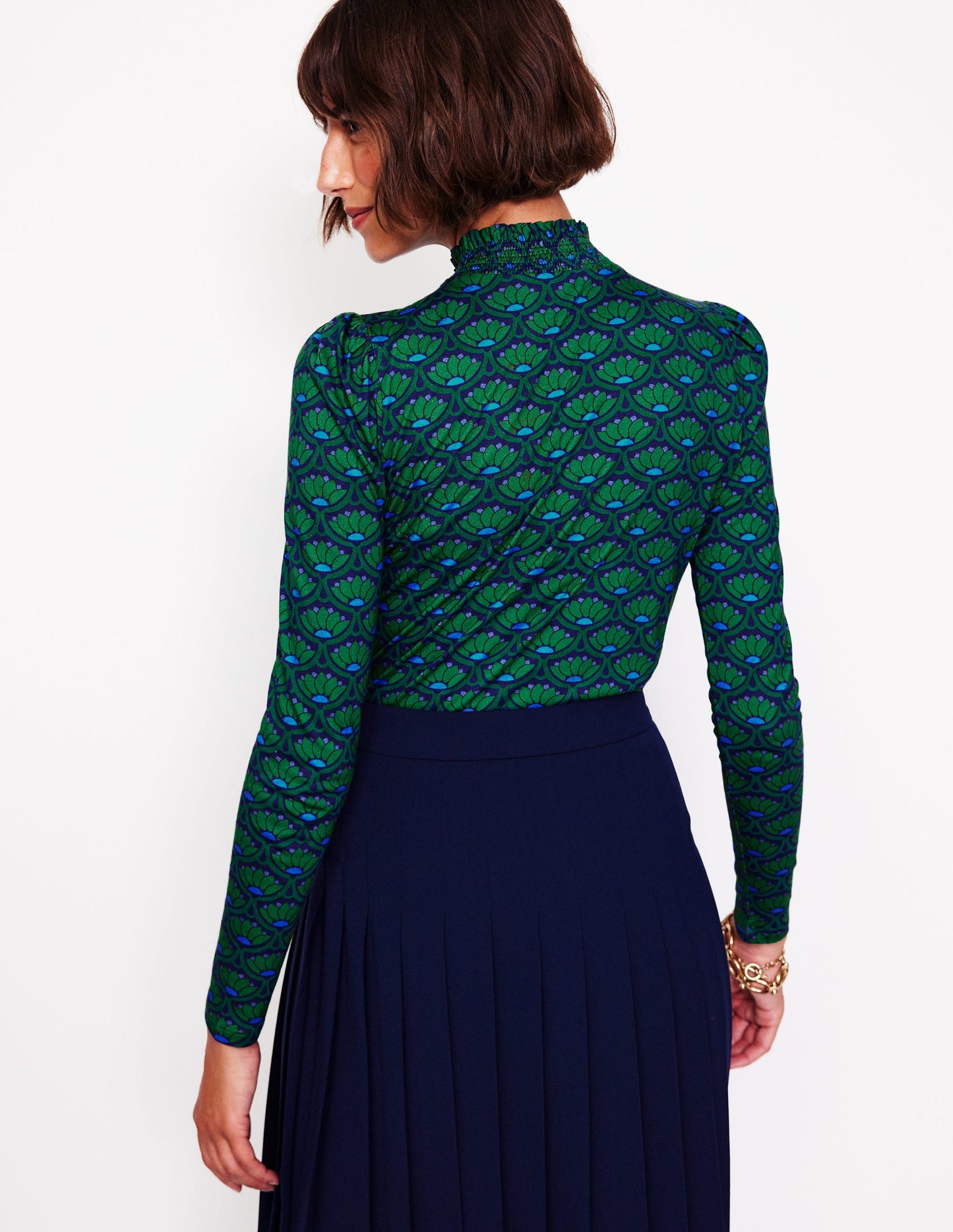 Smocked Neck Printed Top-Rich Emerald, Lotus Stamp