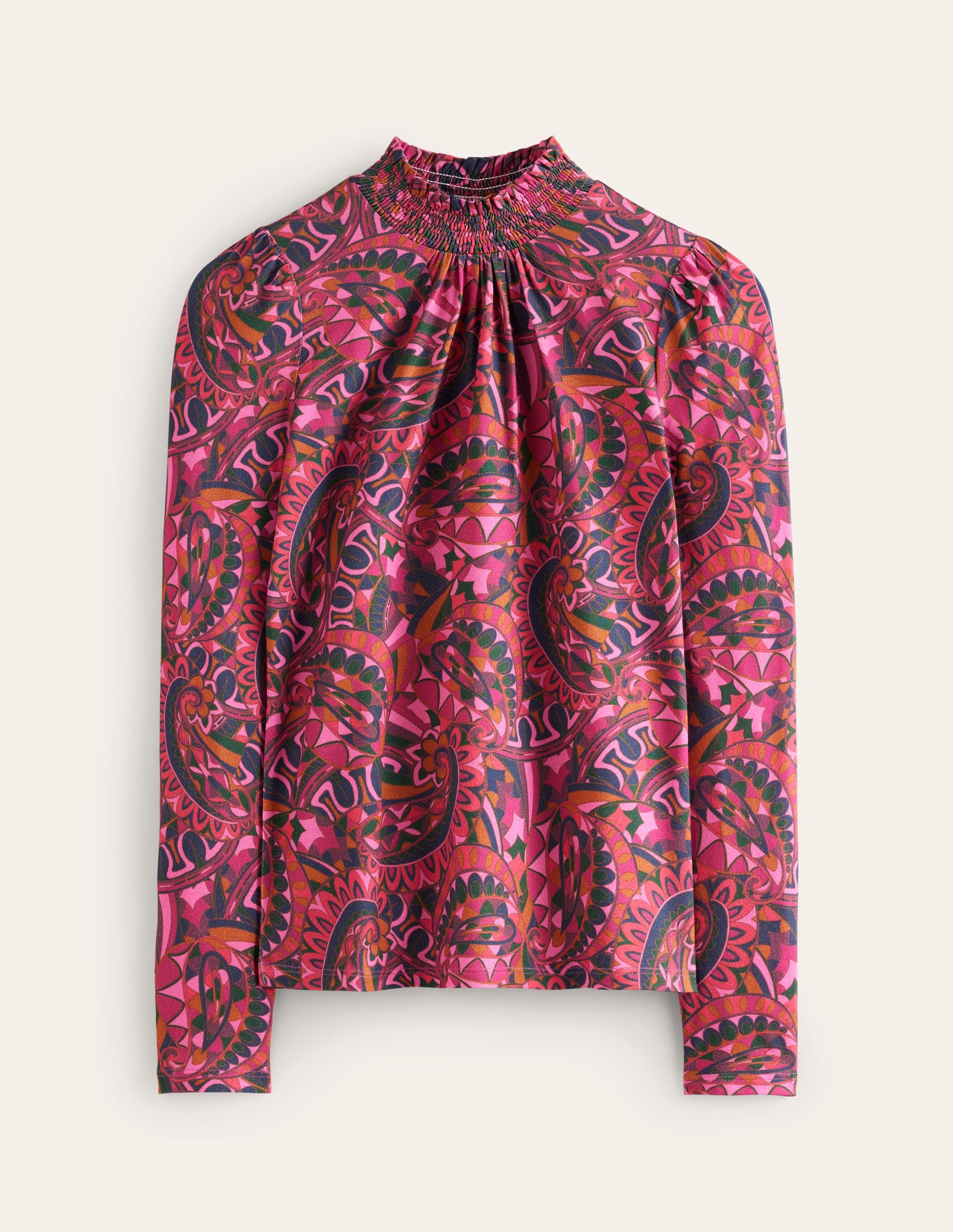 Smocked Neck Printed Top-Jam, Kaleidoscopic Paisley-5