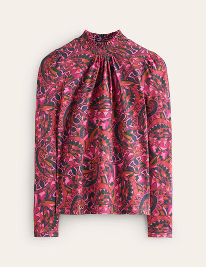 Smocked Neck Printed Top-Jam, Kaleidoscopic Paisley-5