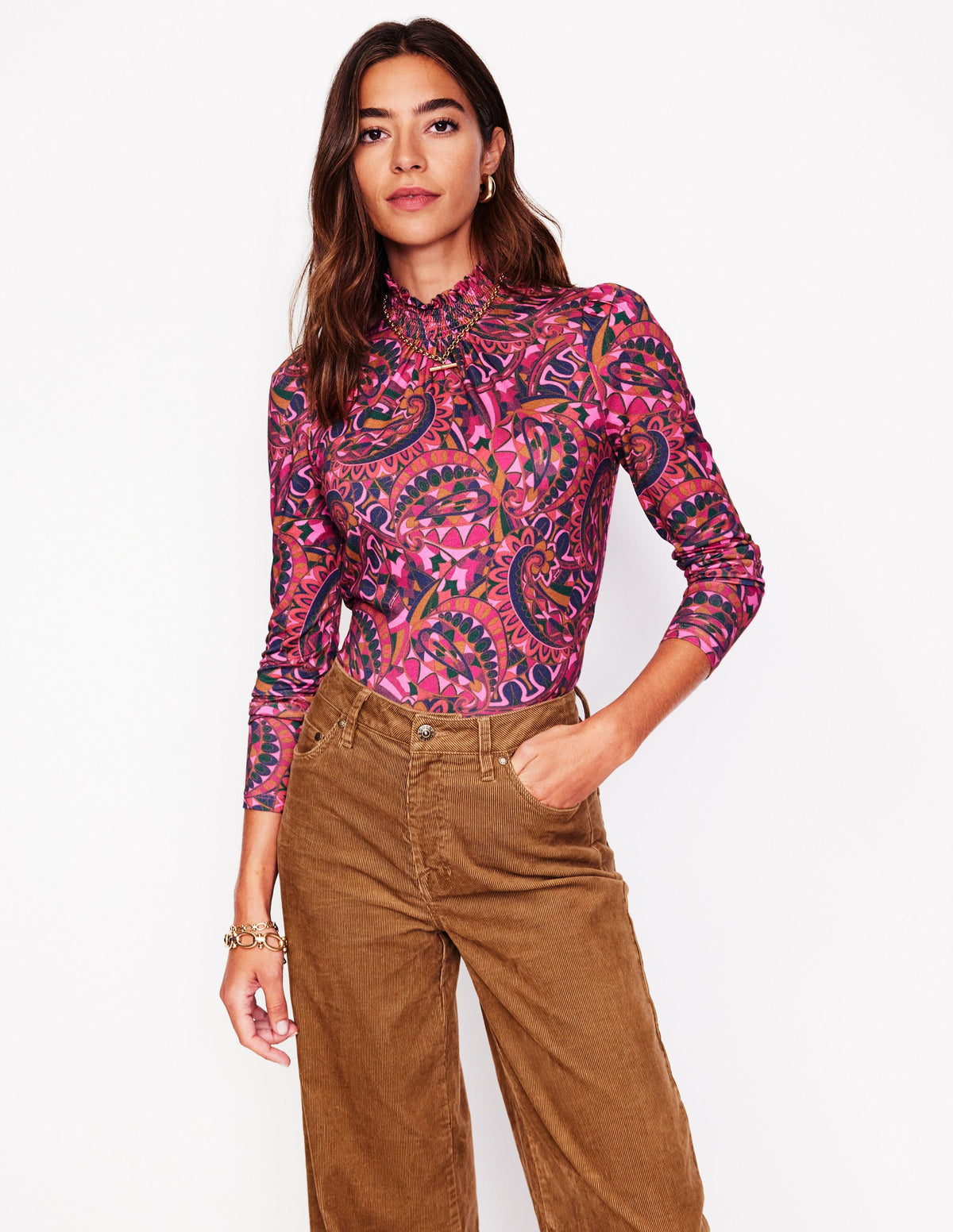 Smocked Neck Printed Top-Jam, Kaleidoscopic Paisley - Image 1