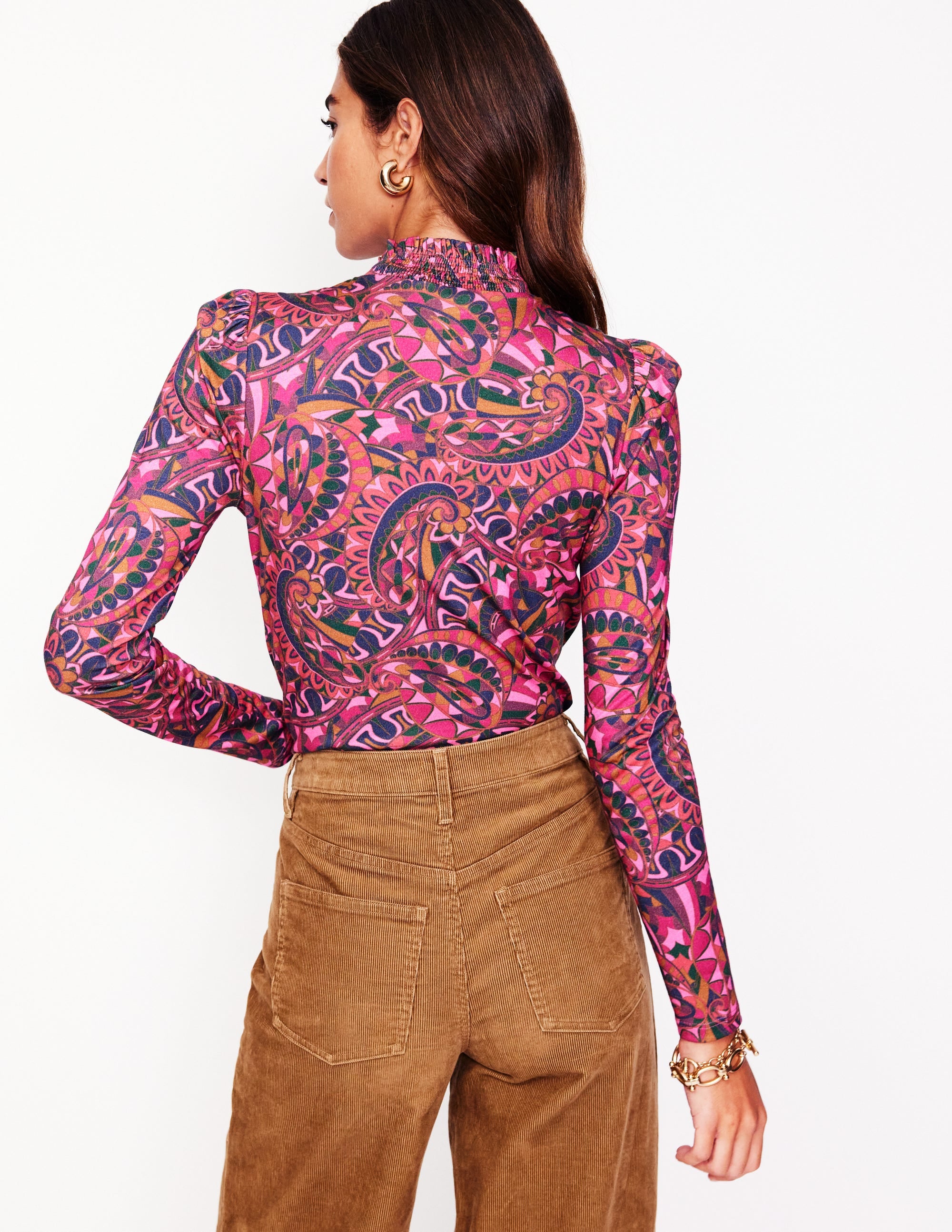 Smocked Neck Printed Top-Jam, Kaleidoscopic Paisley - Image 3