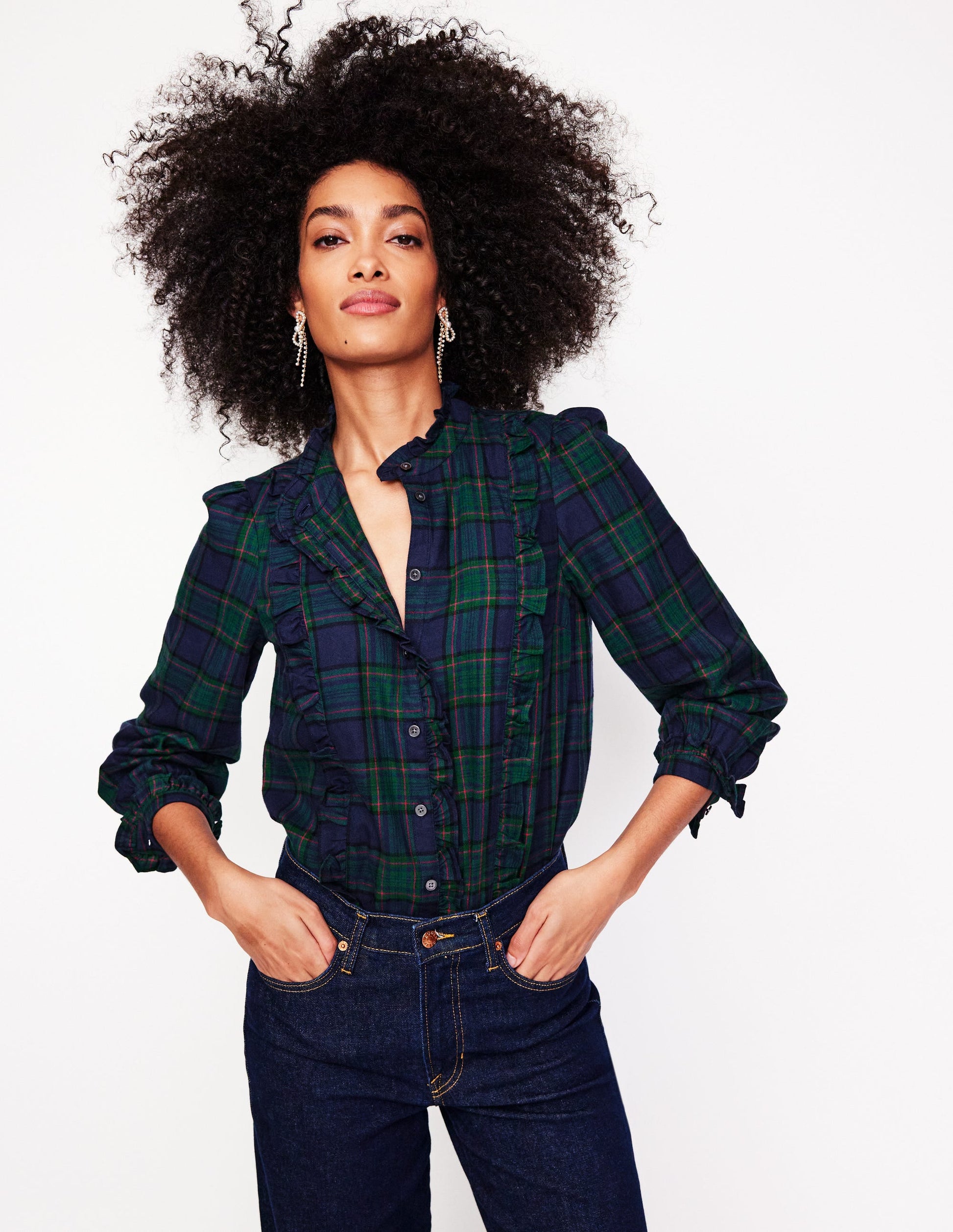 Isla Frill Detail Blouse-Navy and Green Check-1