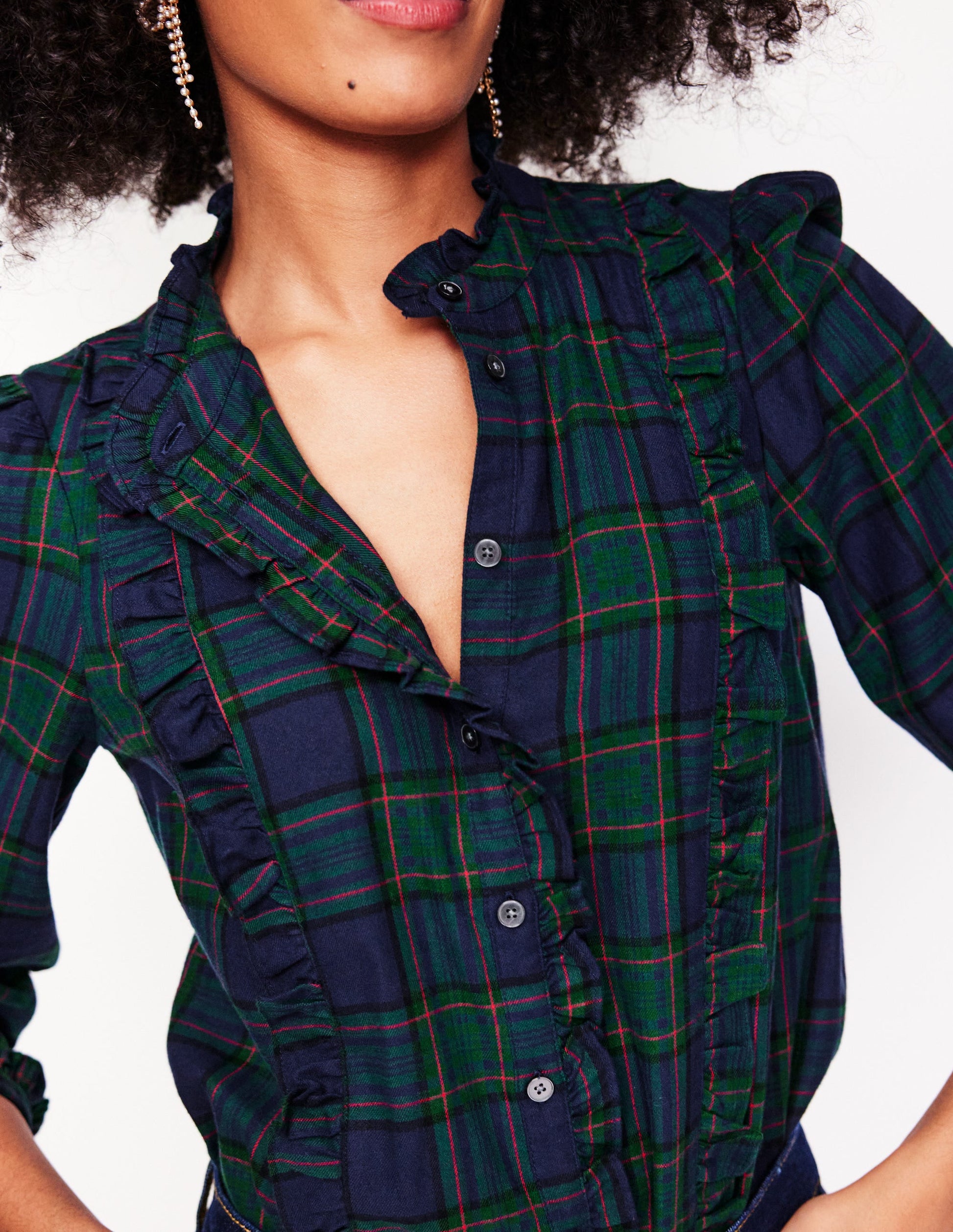Isla Frill Detail Blouse-Navy and Green Check-2