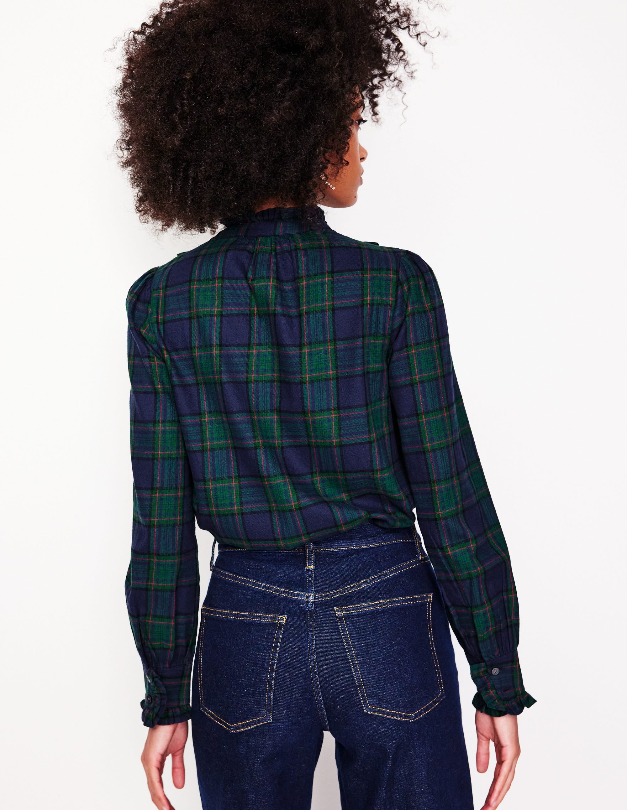 Isla Frill Detail Blouse-Navy and Green Check - Image 3