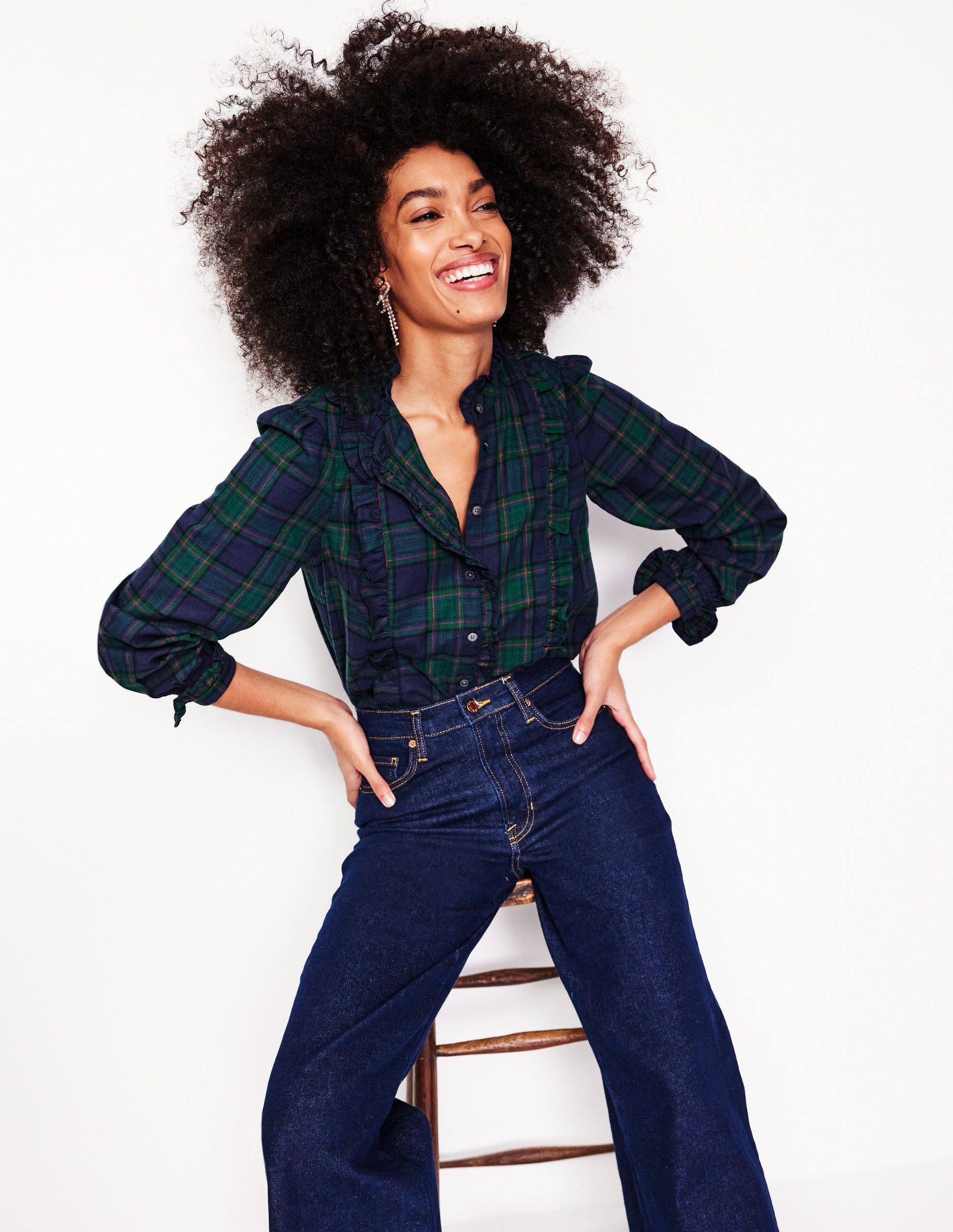 Isla Frill Detail Blouse-Navy and Green Check-4