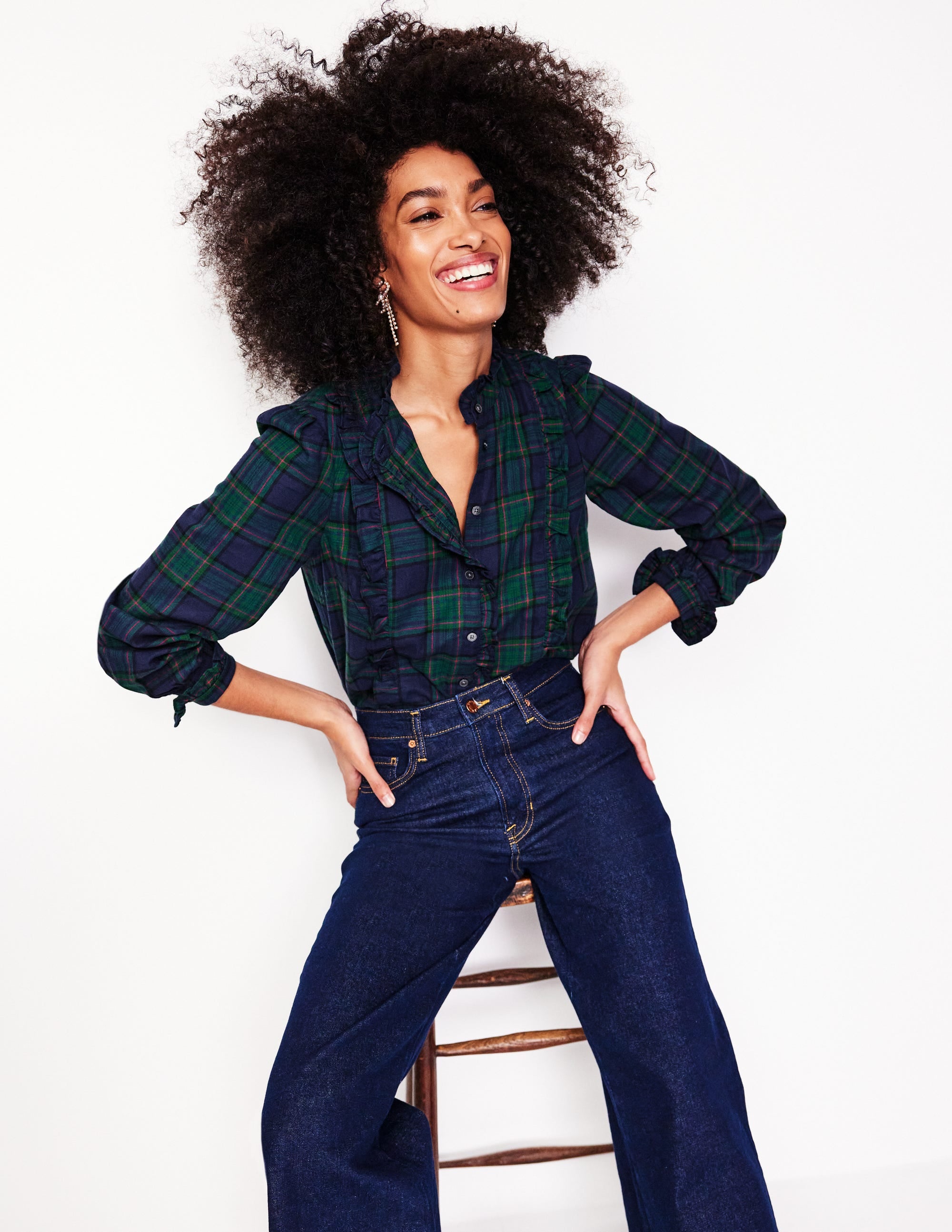 Isla Frill Detail Blouse-Navy and Green Check - Image 4