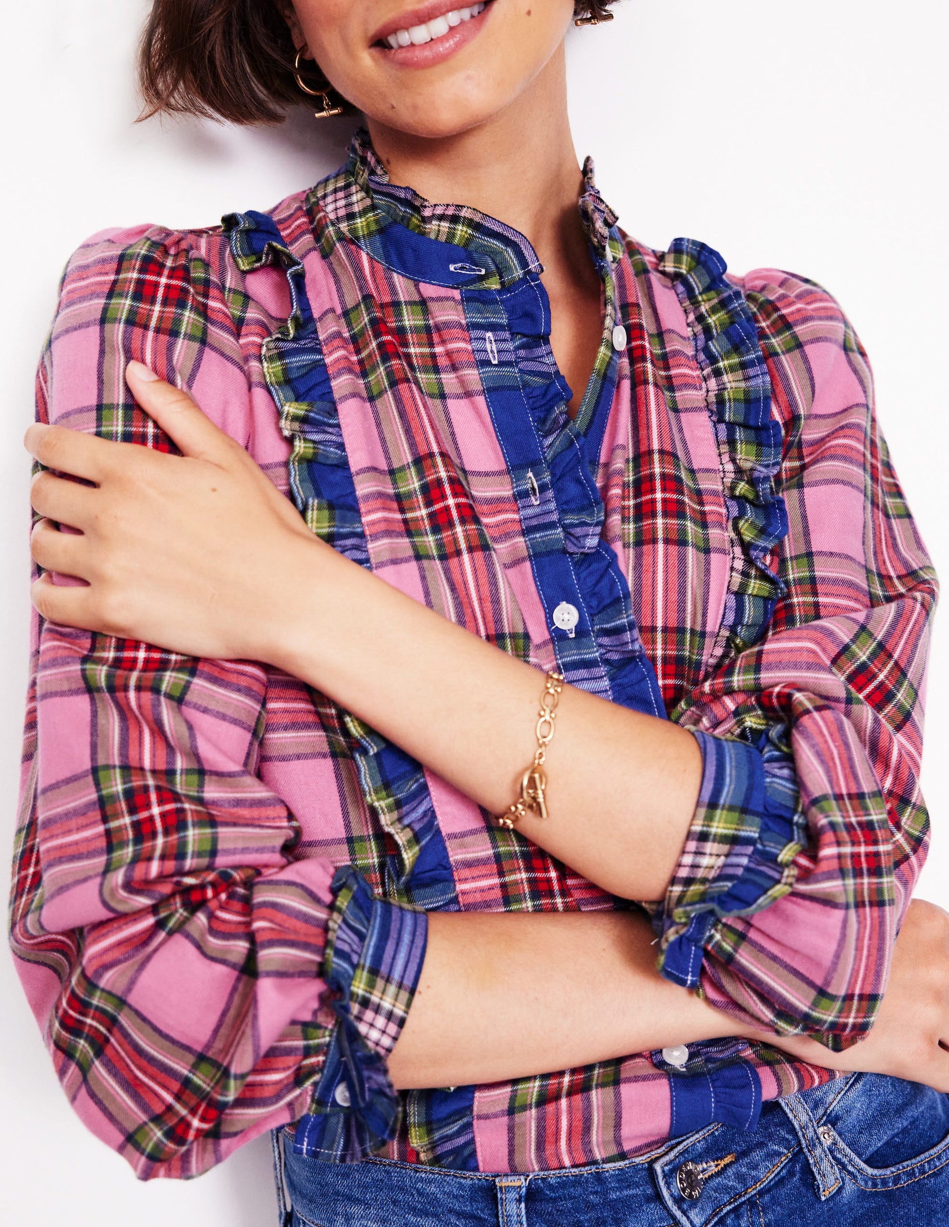 Isla Frill Detail Blouse-Multi Hotchpotch Check-2