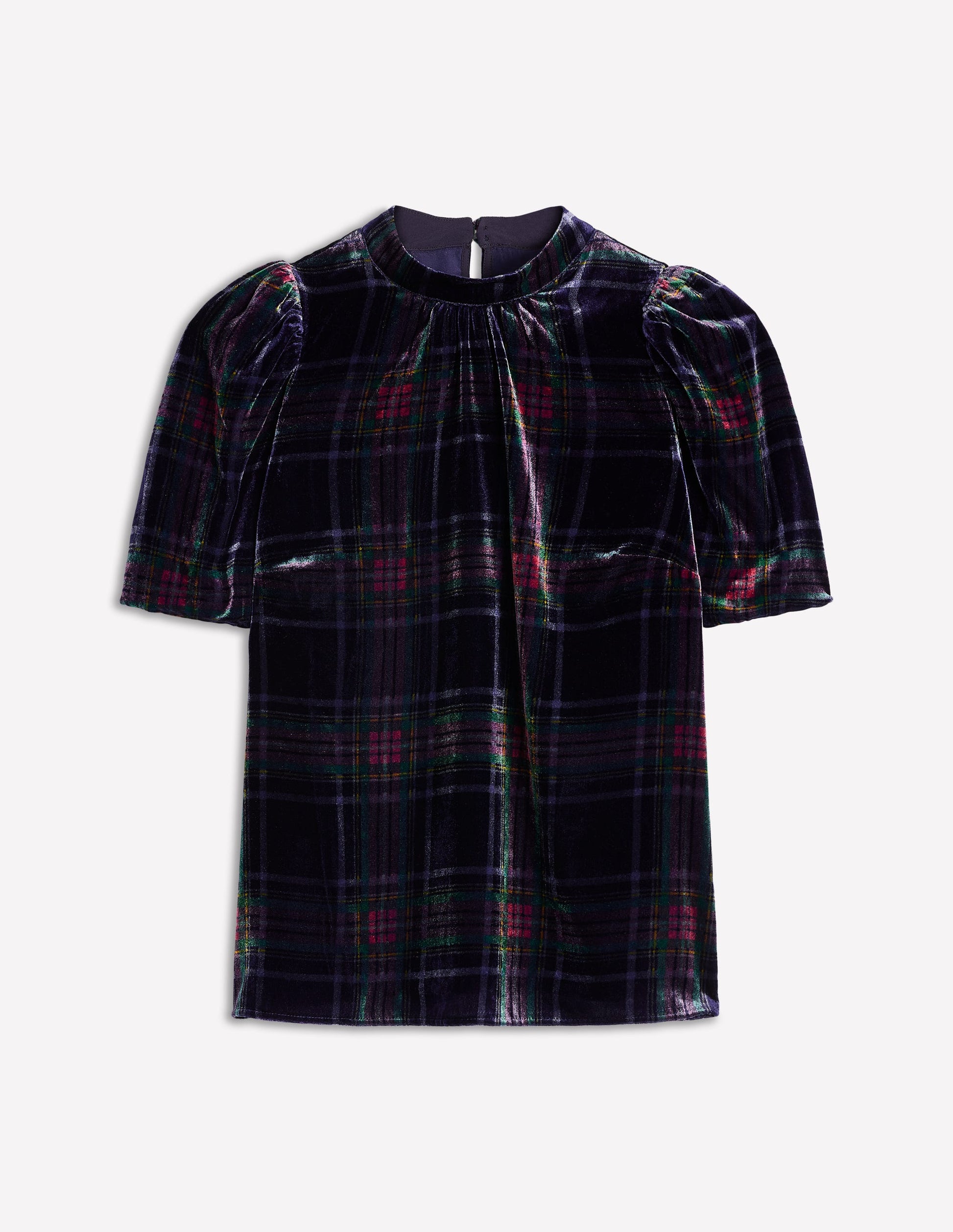 Puff Sleeve Velvet Top-Navy and Red Check-6