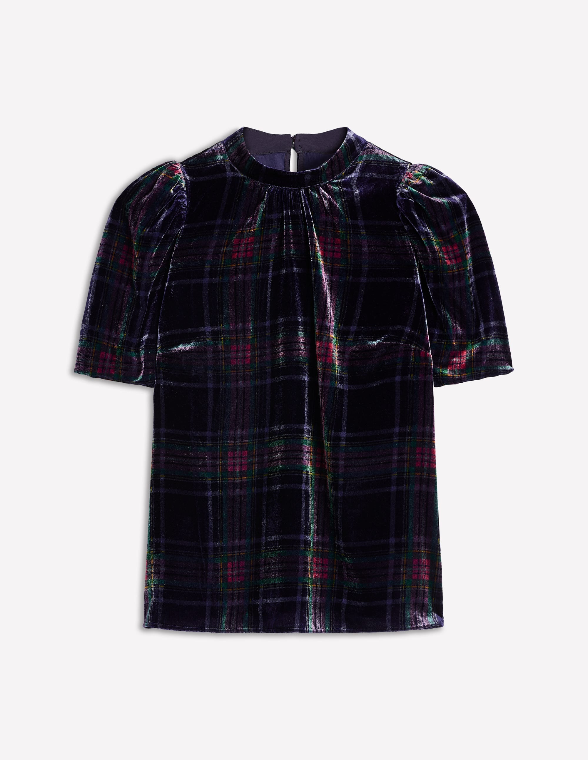 Puff Sleeve Velvet Top-Navy and Red Check - Image 6