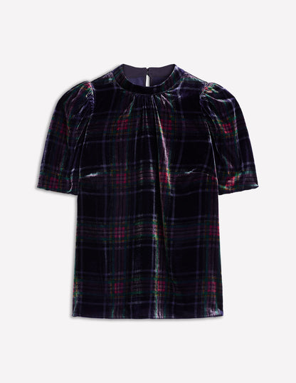 Puff Sleeve Velvet Top-Navy and Red Check-6