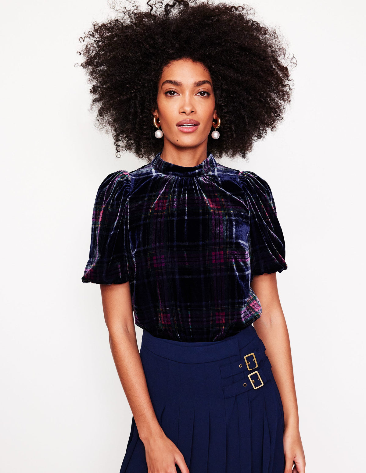 Puff Sleeve Velvet Top-Navy and Red Check - Image 1
