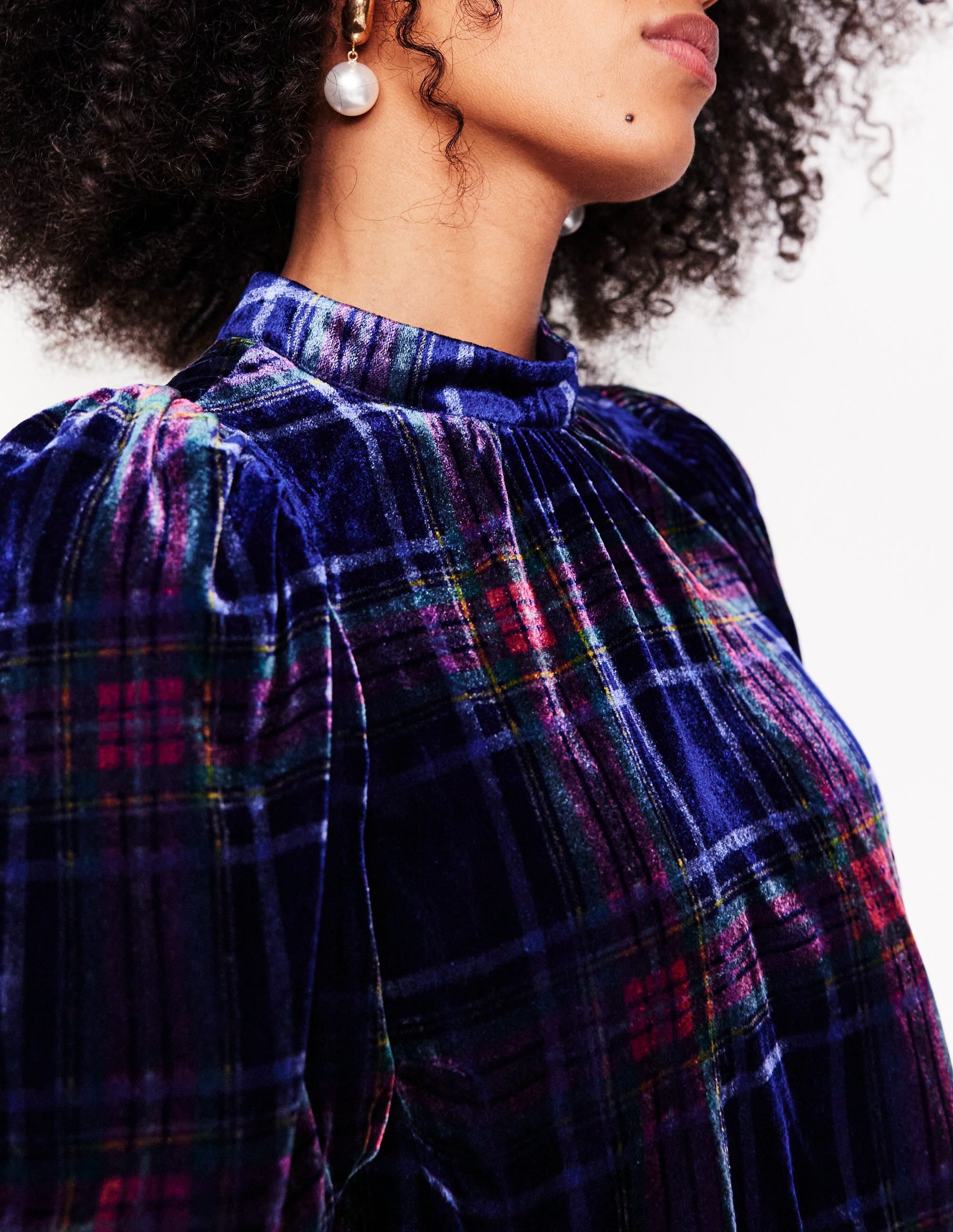 Puff Sleeve Velvet Top-Navy and Red Check - Image 2