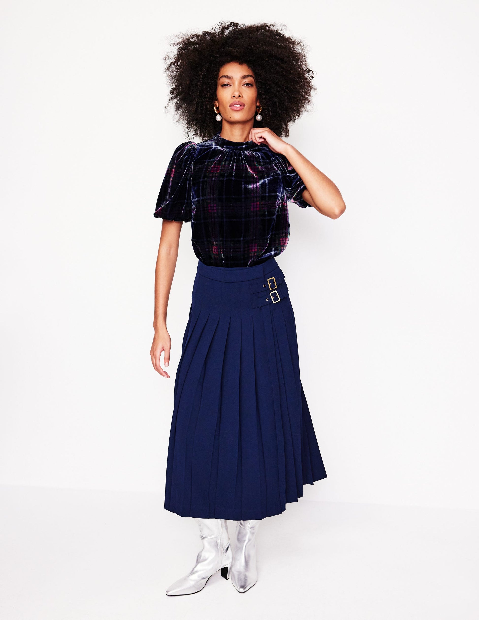 Puff Sleeve Velvet Top-Navy and Red Check-4
