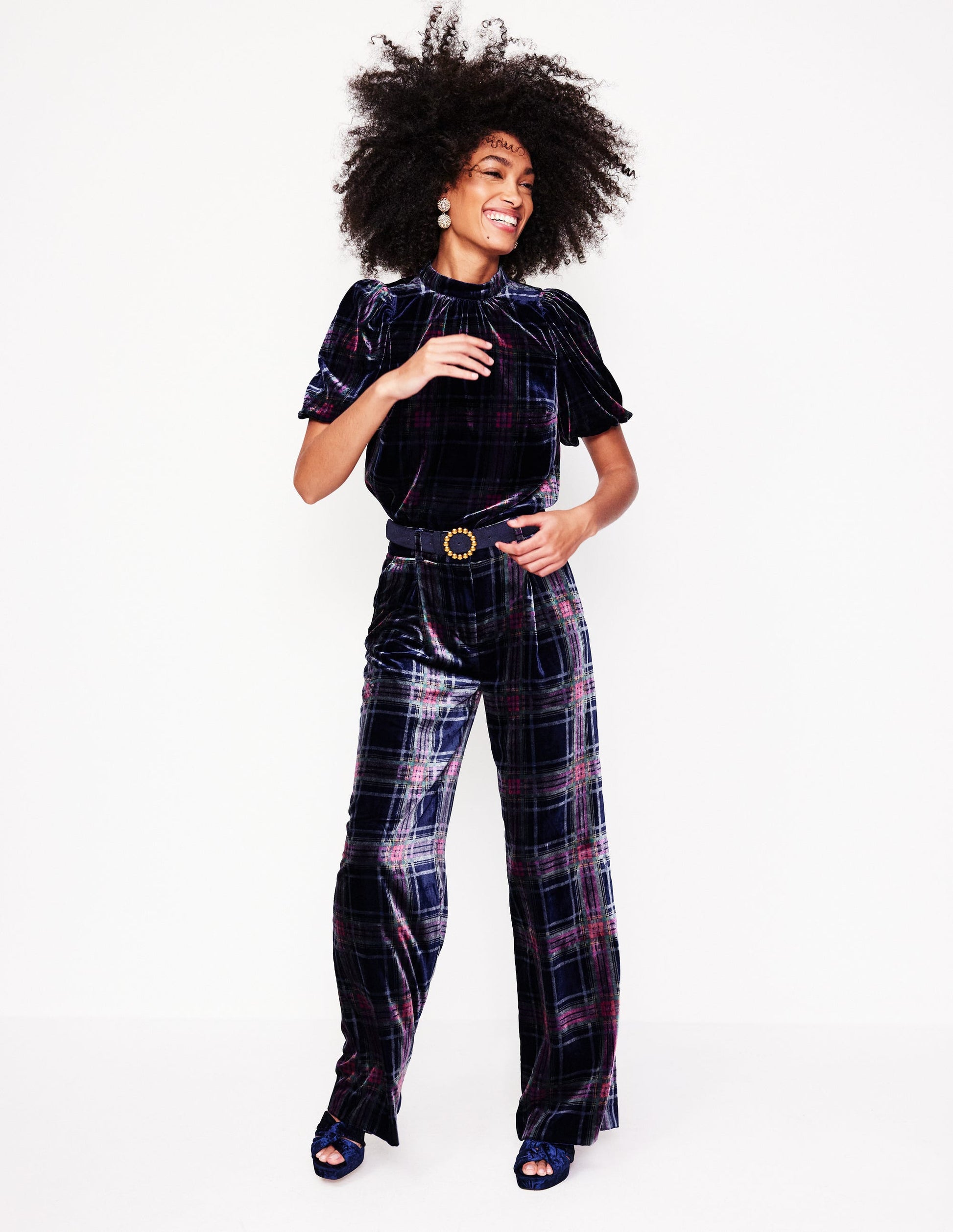 Puff Sleeve Velvet Top-Navy and Red Check-5