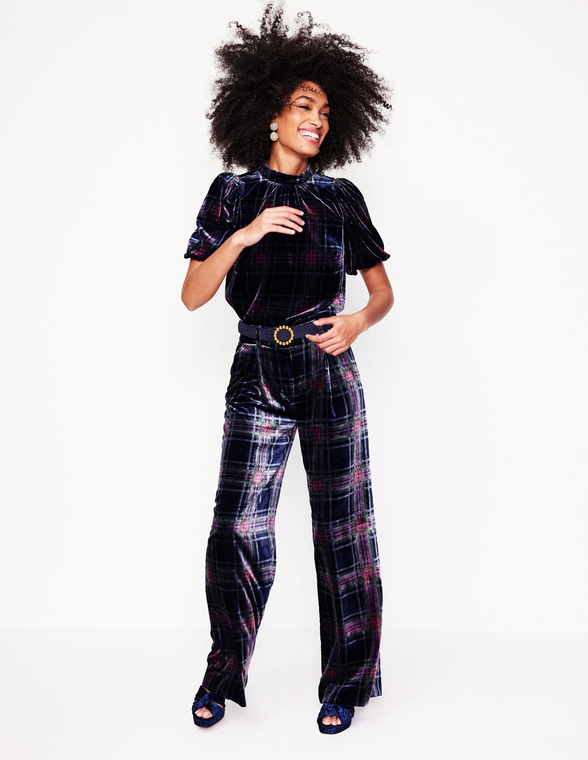 Puff Sleeve Velvet Top-Navy and Red Check - Image 5