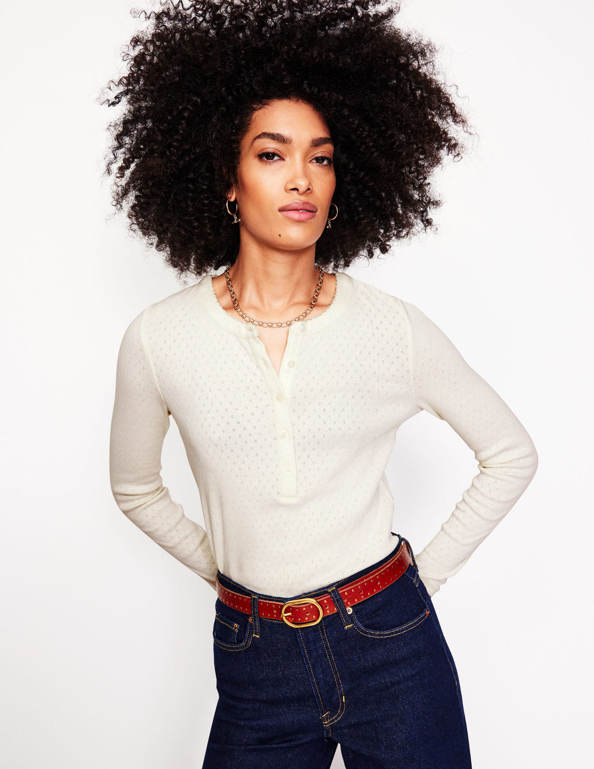 Pointelle Henley Top-Ivory - Image 1