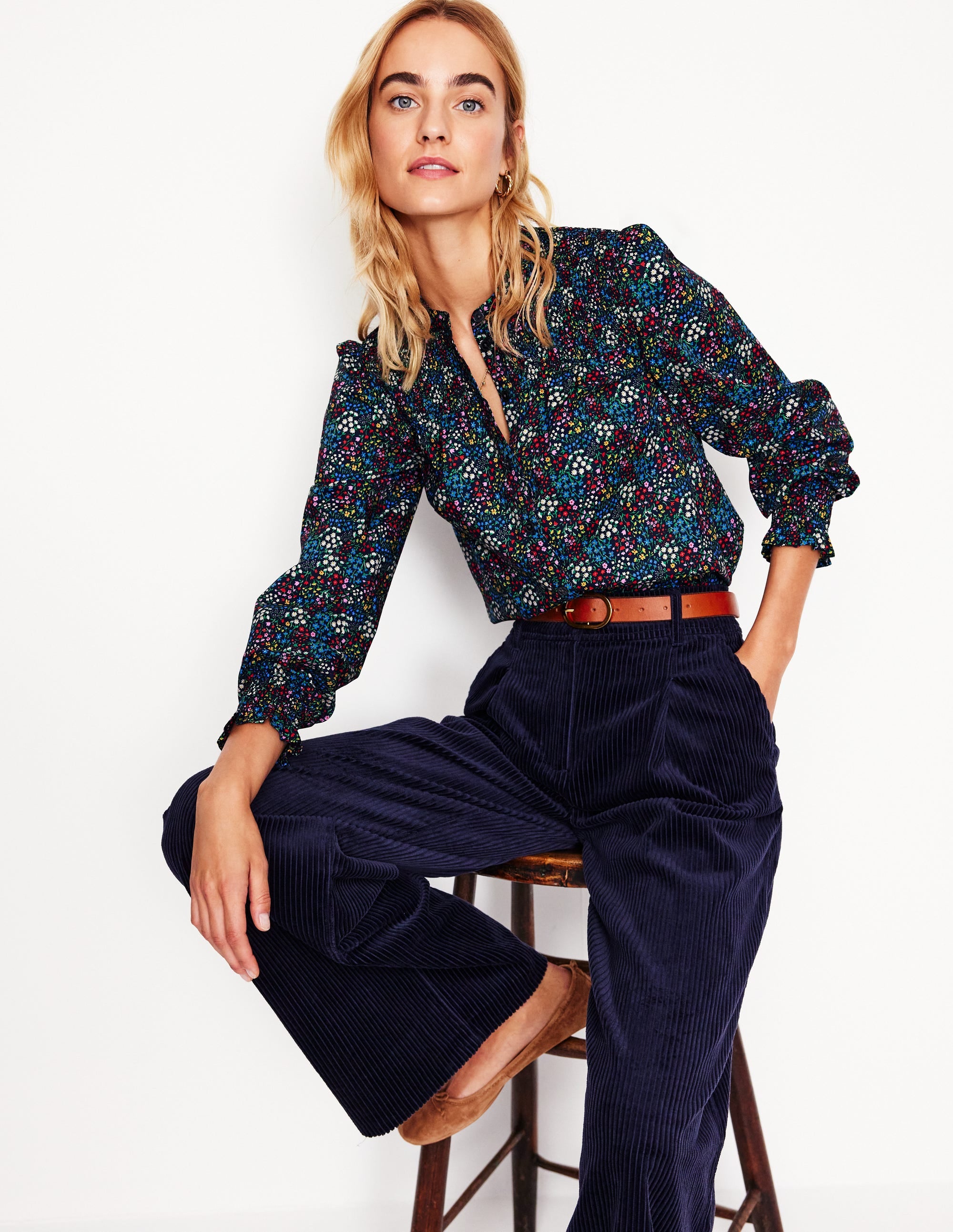 Smocked Yoke Cotton Blouse-French Navy, Bud Scatter - Image 1