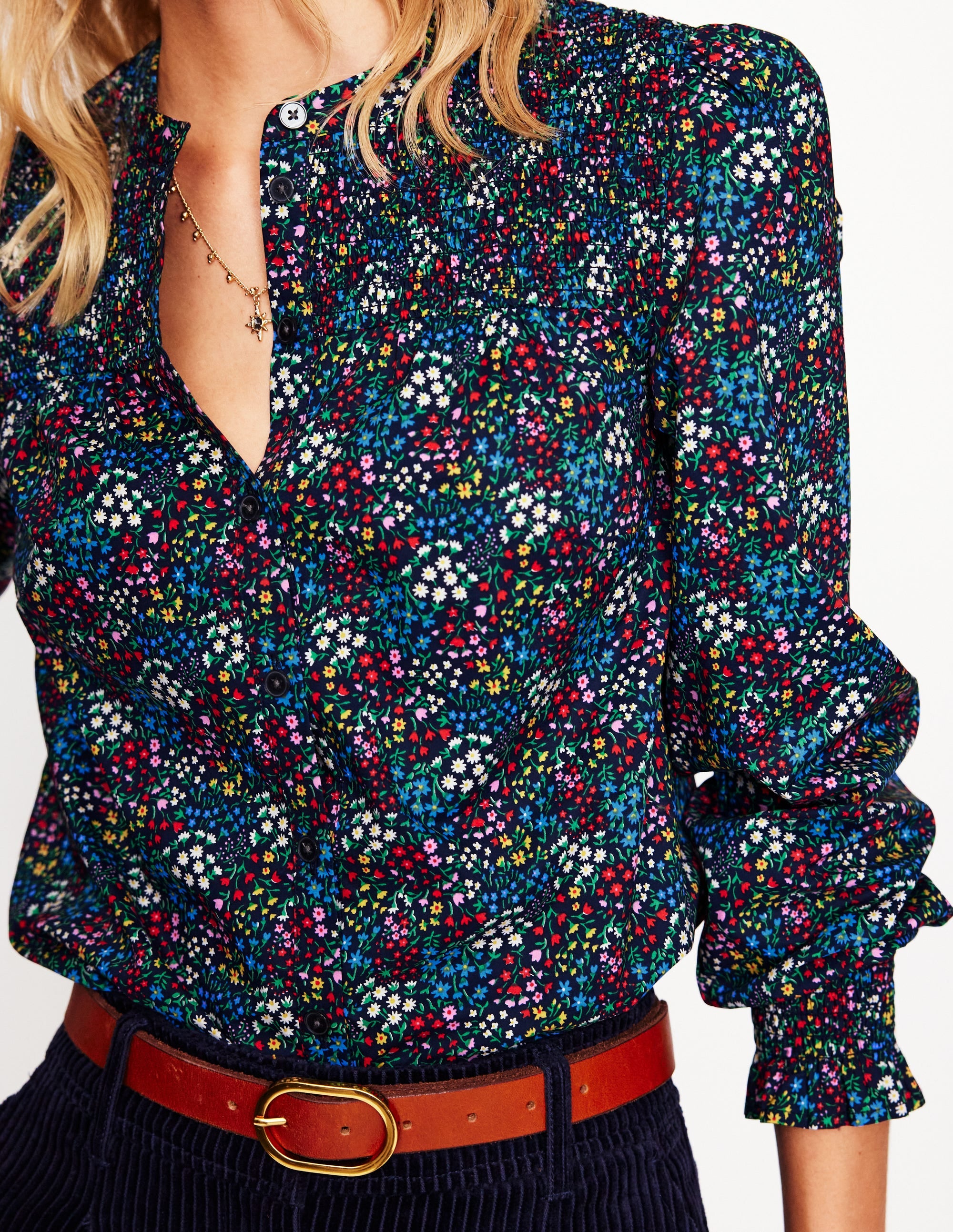 Smocked Yoke Cotton Blouse-French Navy, Bud Scatter - Image 2