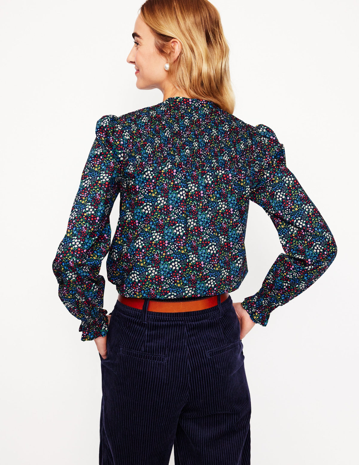 Smocked Yoke Cotton Blouse-French Navy, Bud Scatter - Image 3