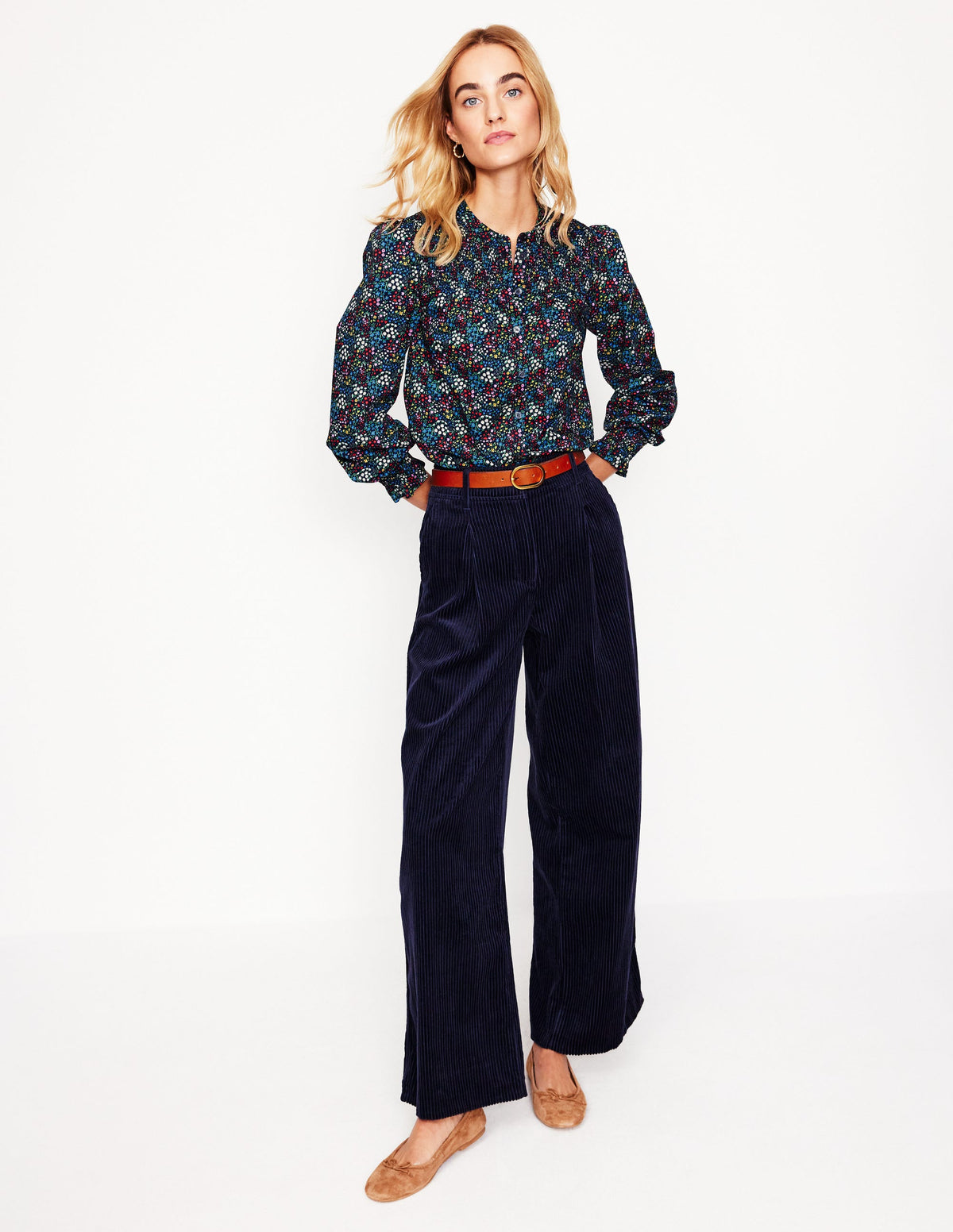 Smocked Yoke Cotton Blouse-French Navy, Bud Scatter - Image 4