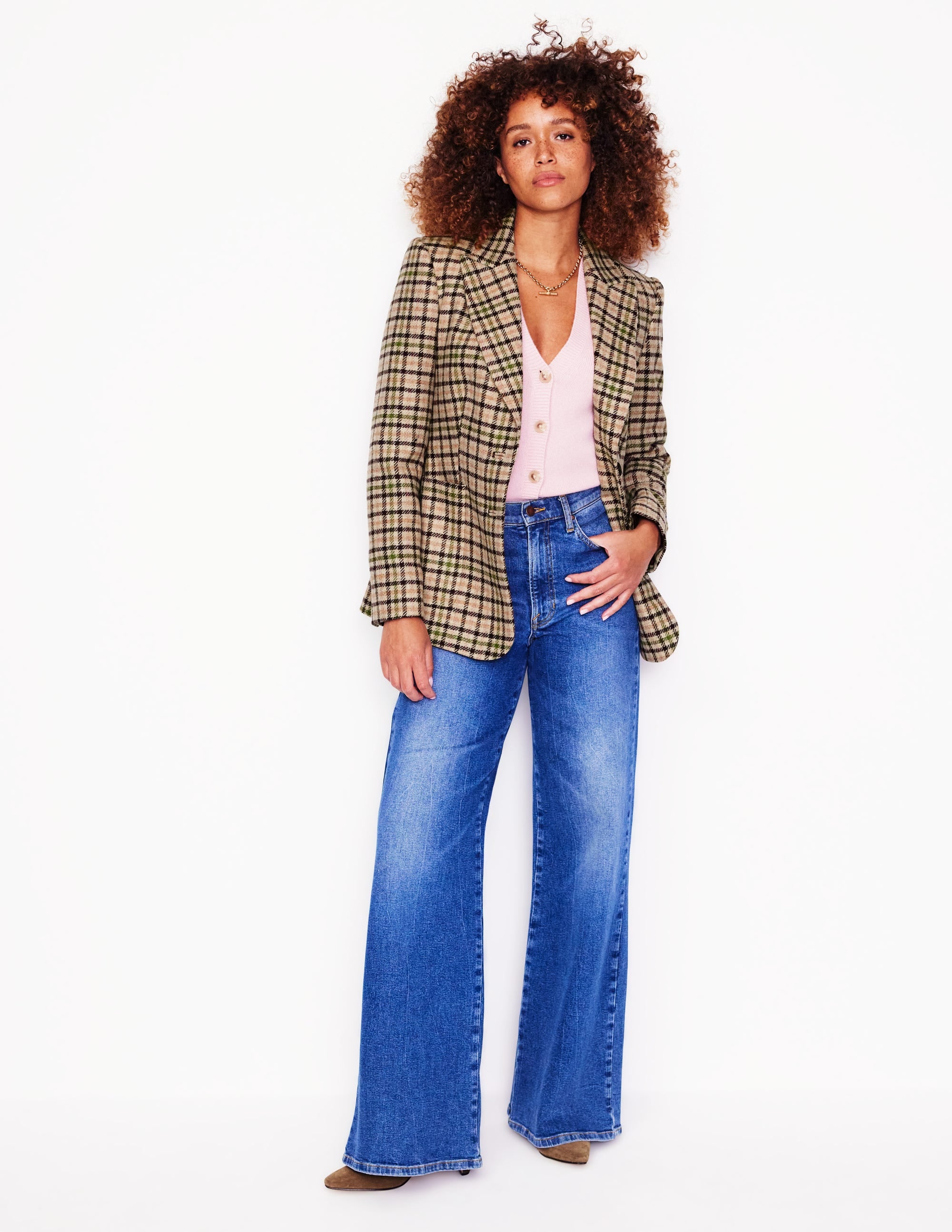 Marylebone Tweed Blazer-Pink, Green Check - Image 1