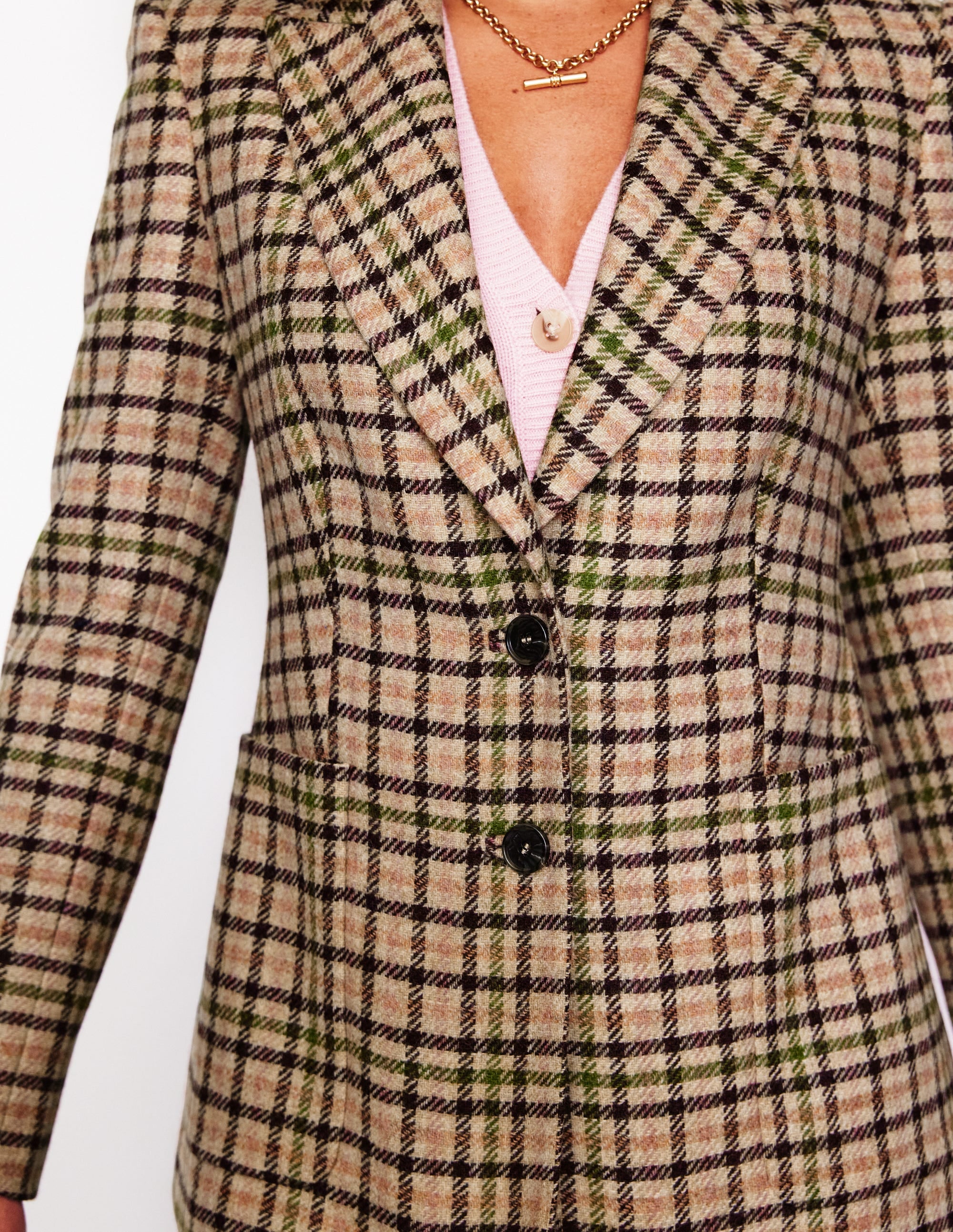 Marylebone Tweed Blazer-Pink, Green Check - Image 2