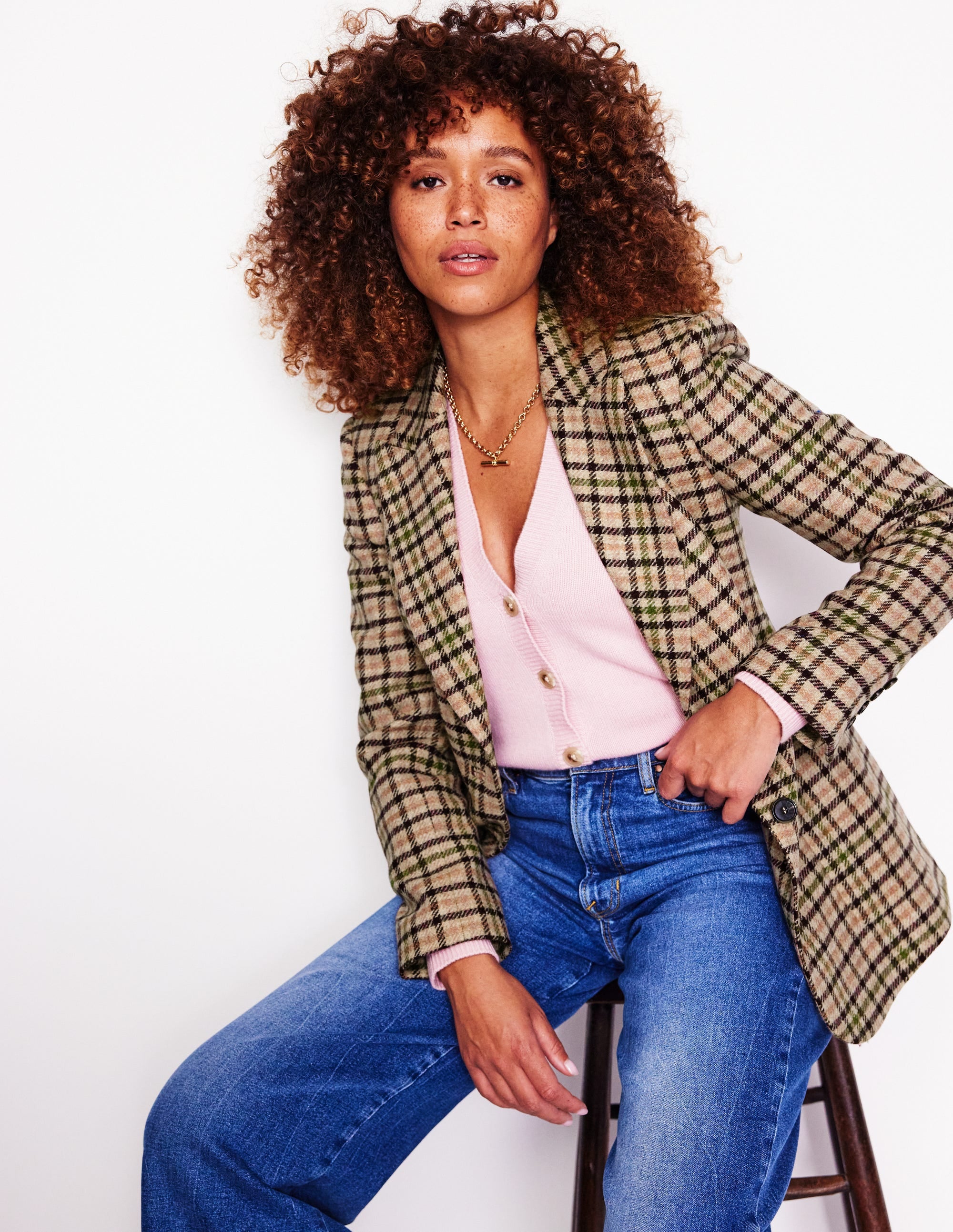 Marylebone Tweed Blazer-Pink, Green Check - Image 4