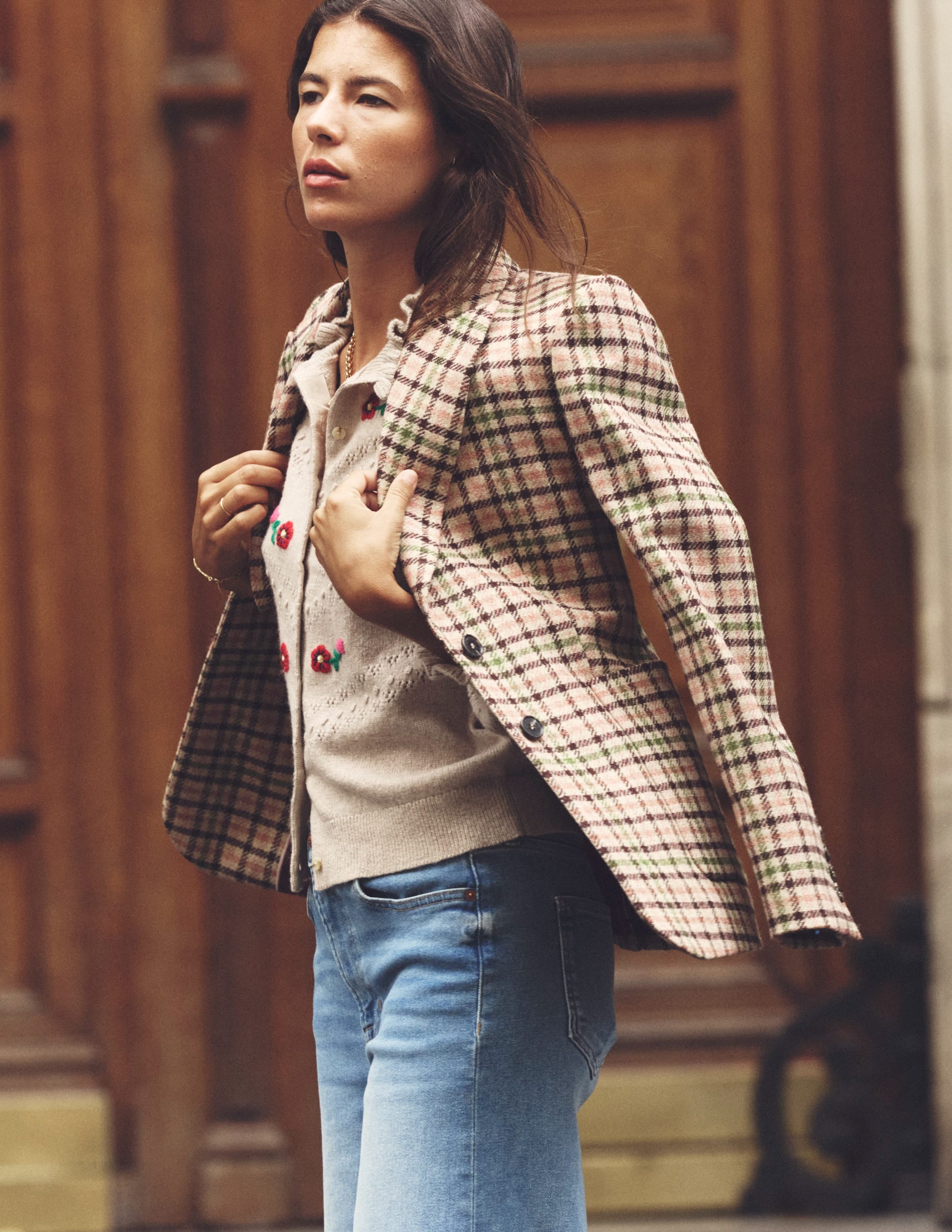 Marylebone Tweed Blazer-Pink, Green Check - Image 6