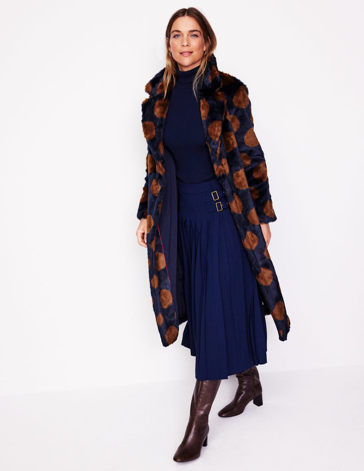 Spot Faux-Fur Midi Coat-Navy & Brown Spot