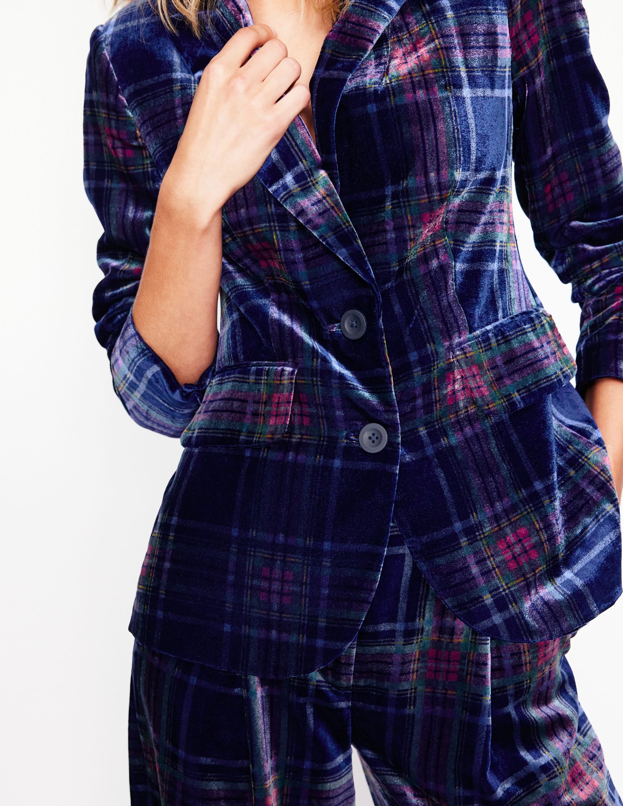 Fluid Velvet Blazer-Navy and Red Check - Image 2