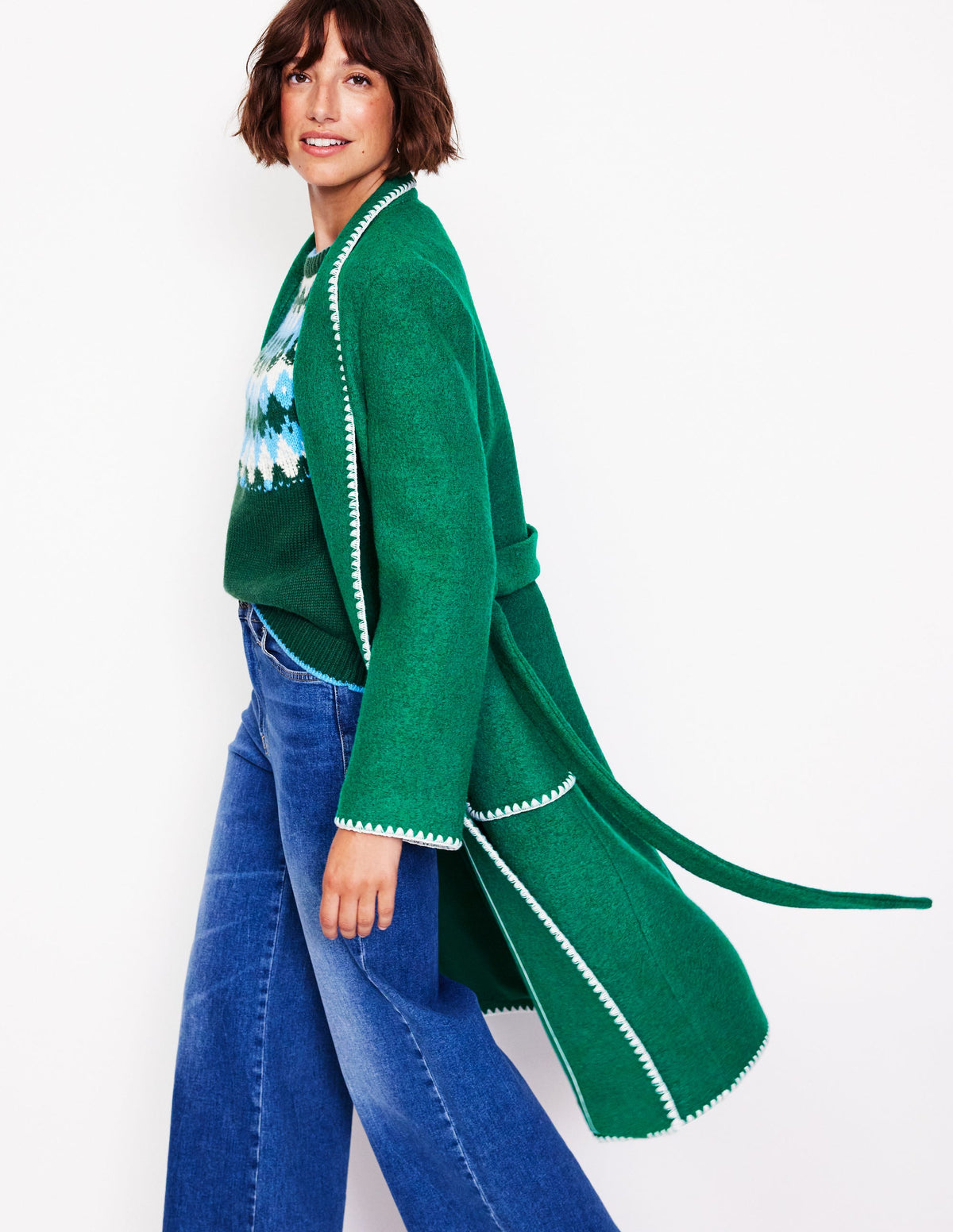 Blanket Stitch Wrap Coat-Alpine Green - Image 1