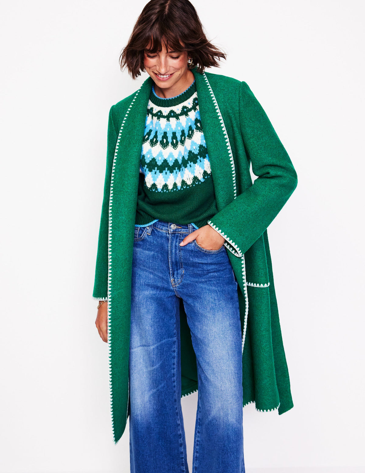 Blanket Stitch Wrap Coat-Alpine Green - Image 4