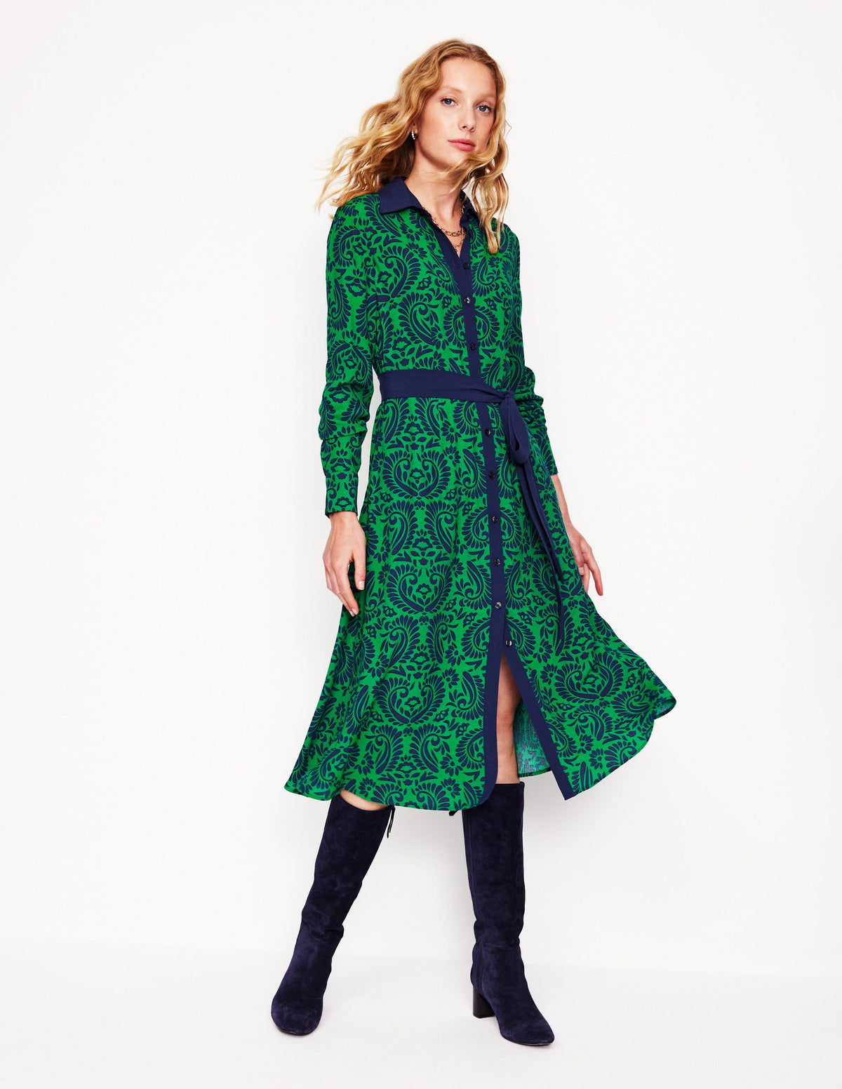 Kate Midi Shirt Dress-Rich Emerald, Decorative Flora - Image 1