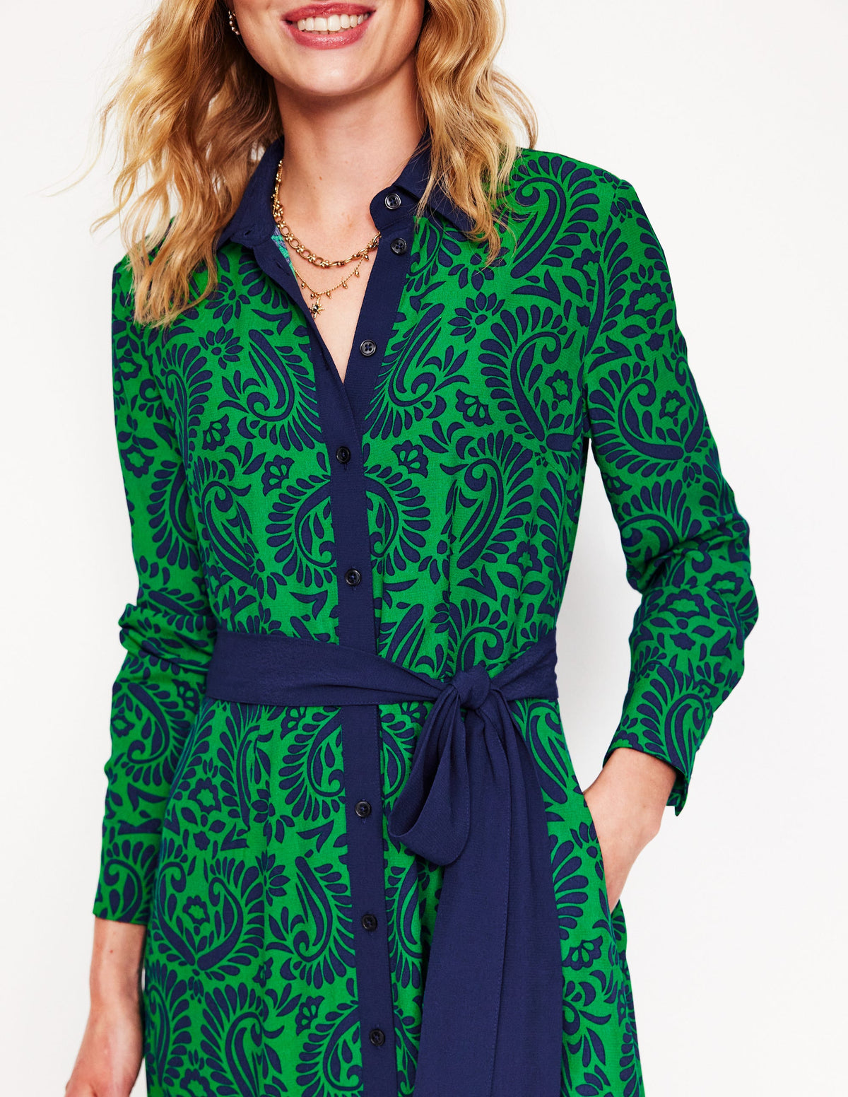 Kate Midi Shirt Dress-Rich Emerald, Decorative Flora - Image 2