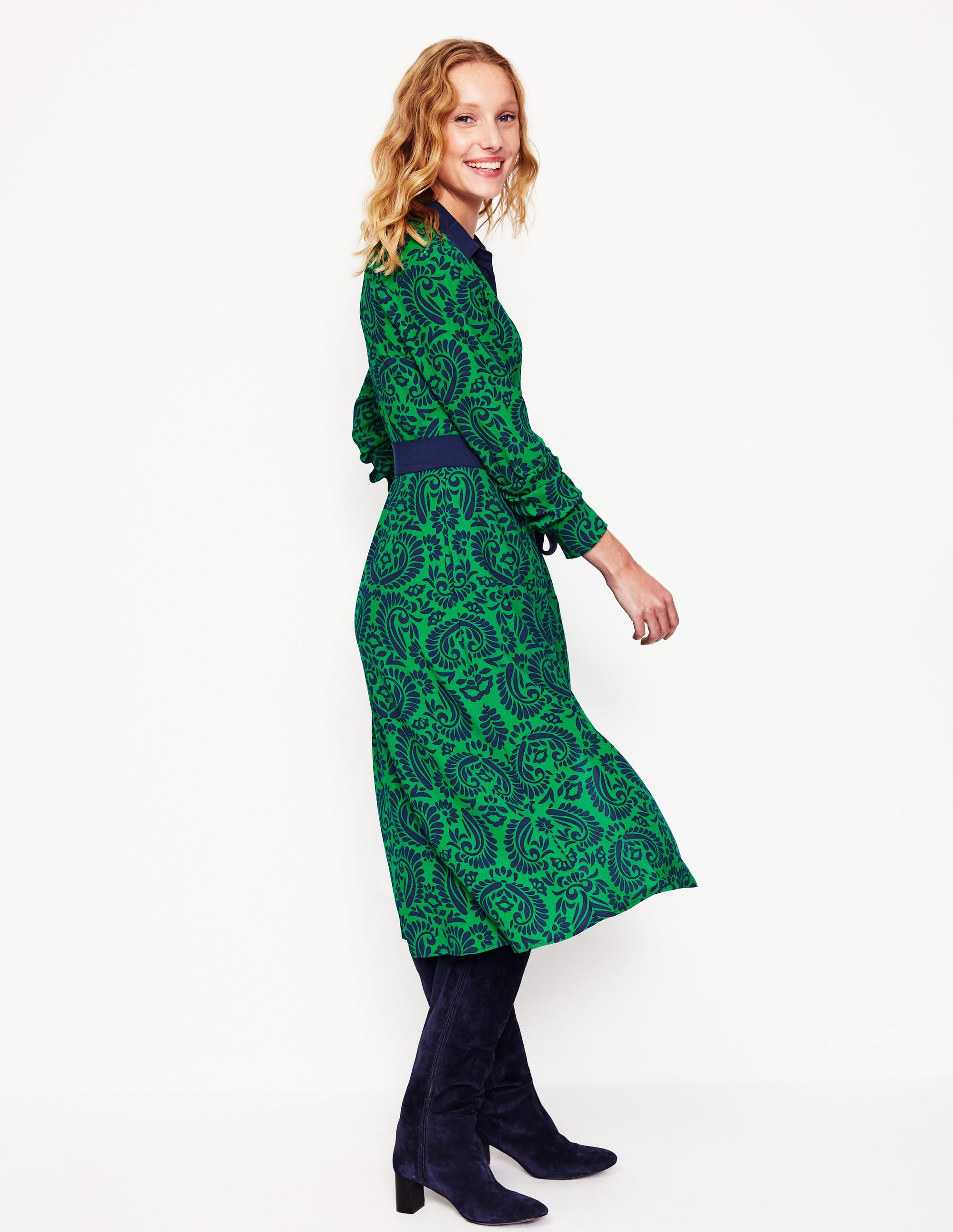 Kate Midi Shirt Dress-Rich Emerald, Decorative Flora - Image 4