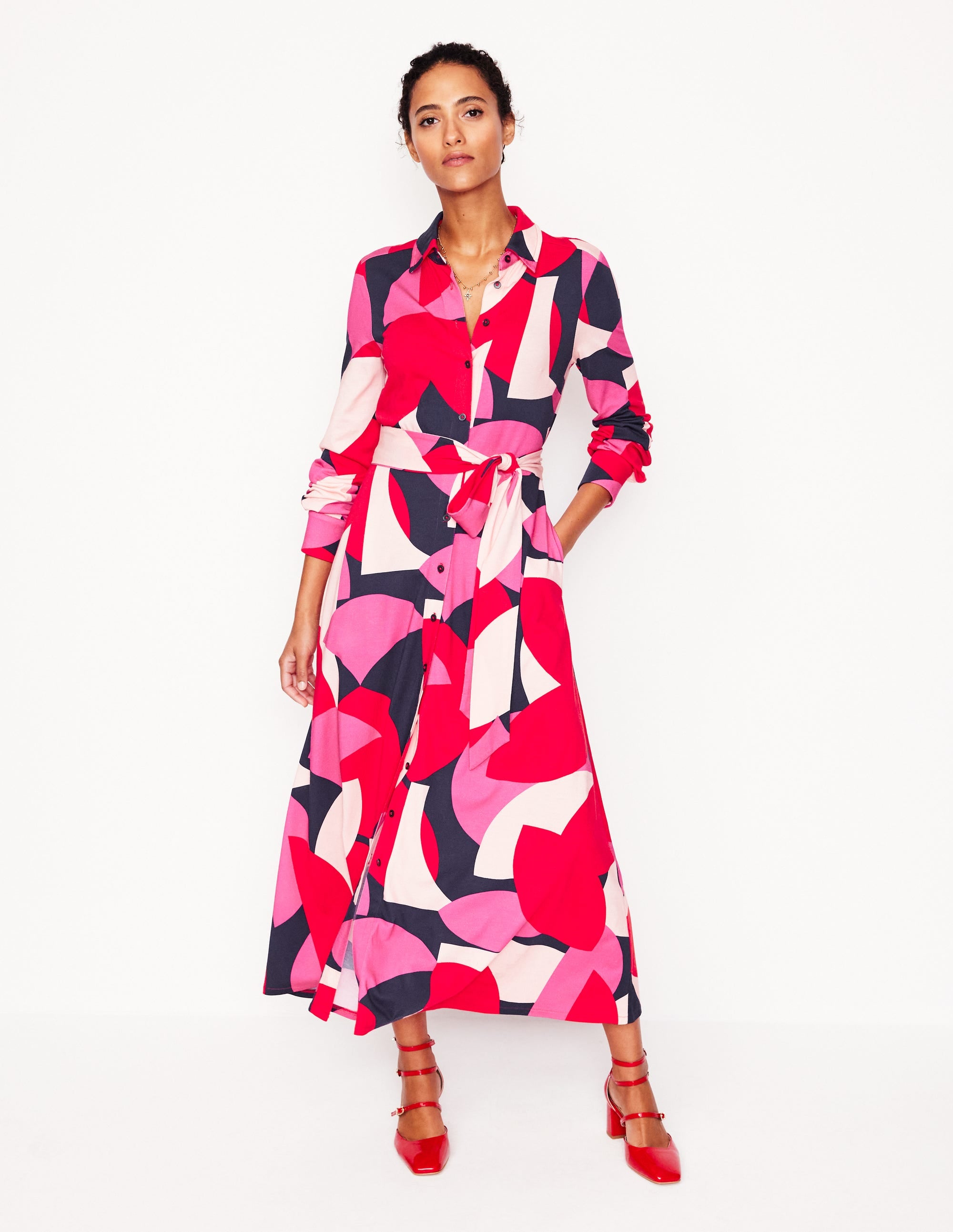Marcia Jersey Shirt Dress-Poppy Red, Geometric Shuffle - Image 1