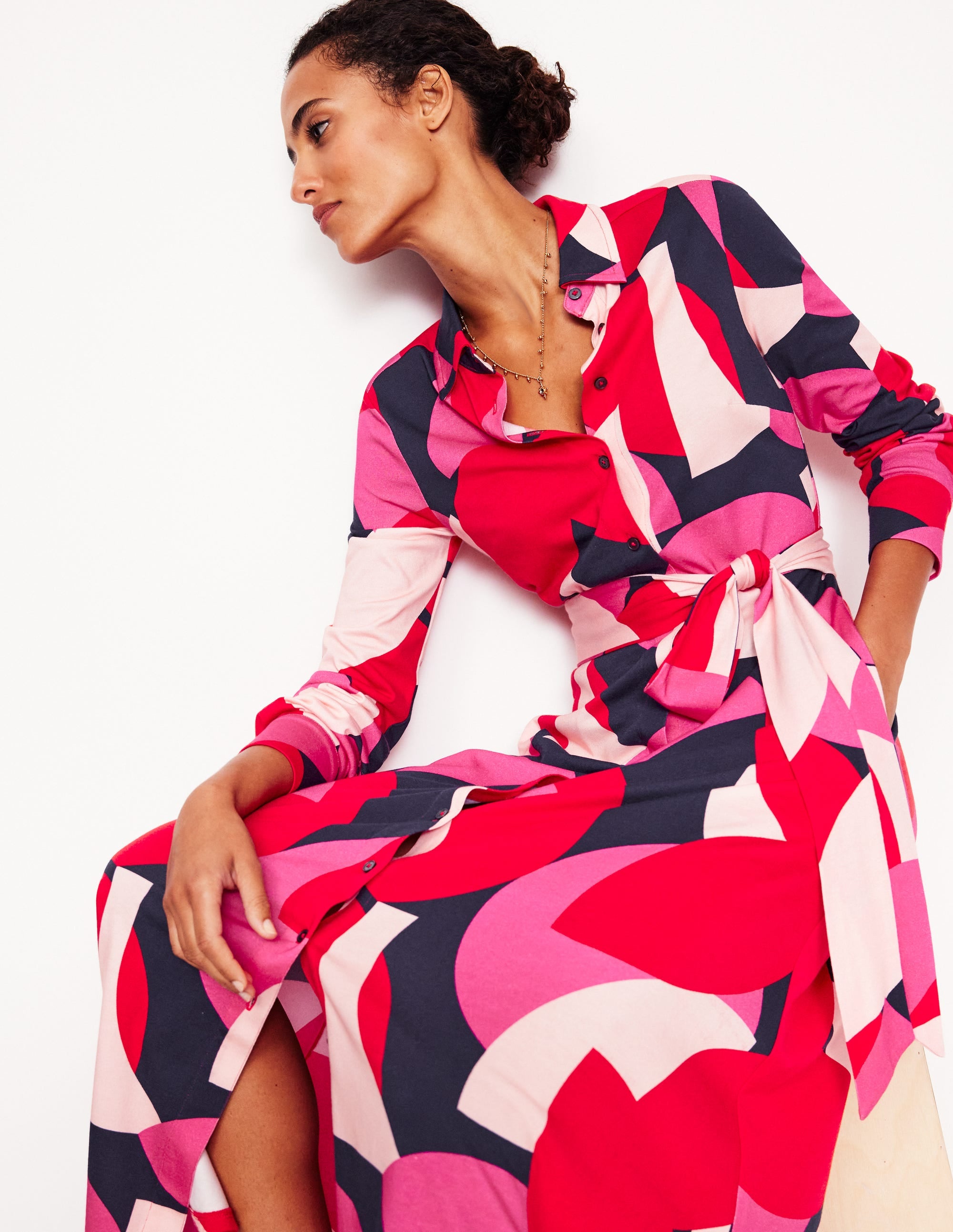 Marcia Jersey Shirt Dress-Poppy Red, Geometric Shuffle - Image 4