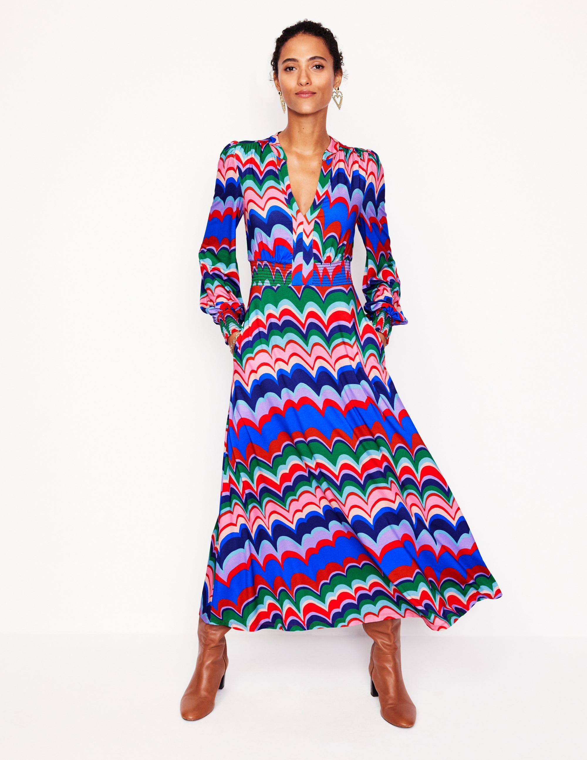 Ivy Smocked Midi Dress-Multi, Abstract Wave - Image 1