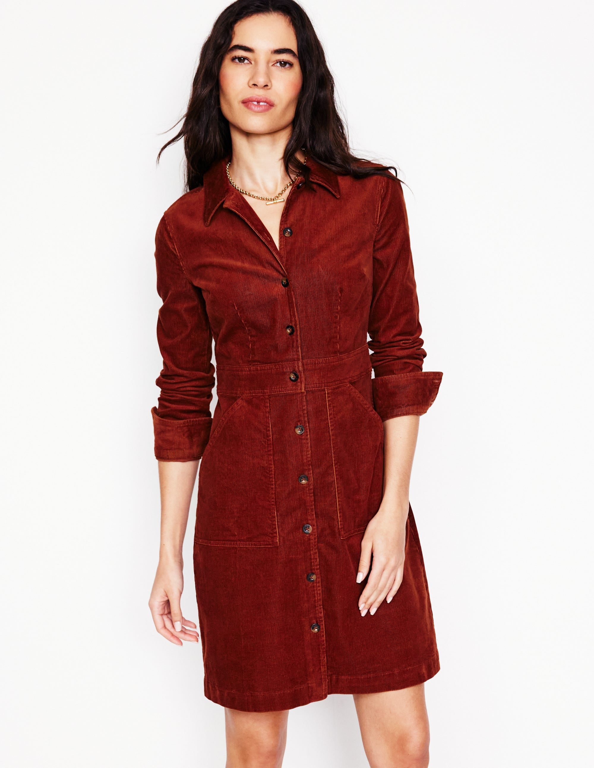 Flora Cord Shirt Dress-Cognac - Image 2