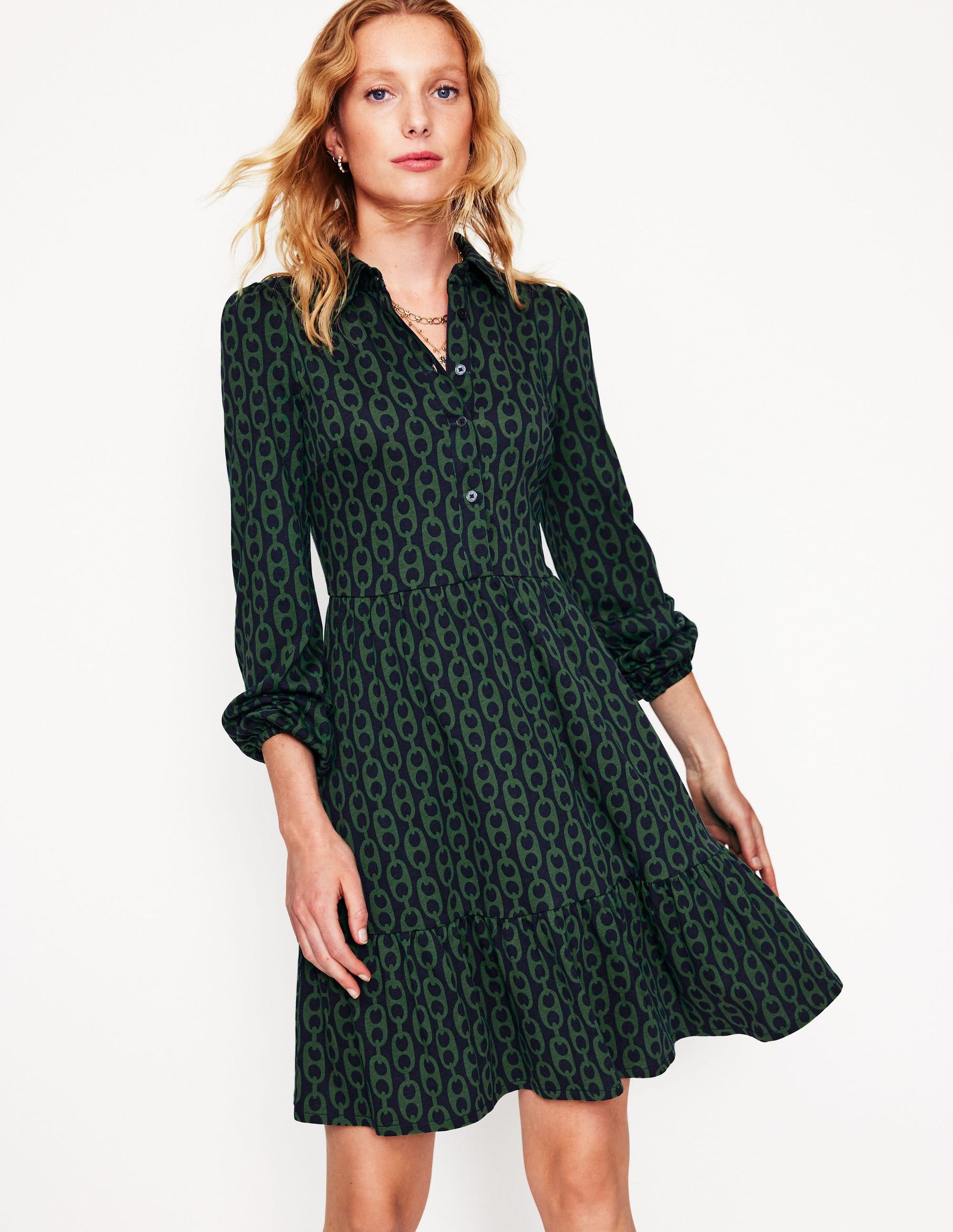 Jemima Tiered Jersey Dress-Pine, Geo Chain-1